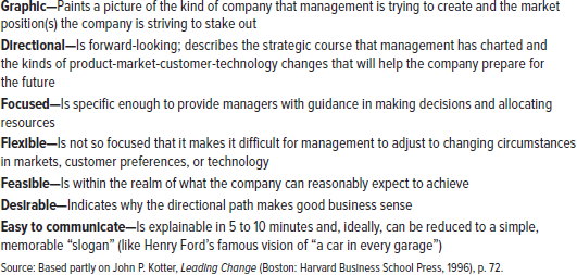 Meet with your co-managers and prepare a strategic vision statement for your company. It should be at least one sentence long and no longer than a brief paragraph. When you are finished, check to see if your vision statement meets the conditions for an effectively worded strategic vision set forth in Table 2.2 and avoids the shortcomings set forth in Table 2.3. If not, then revise it accordingly. What would be a good slogan that captures the essence of your strategic vision and that could be used to help communicate the vision to company personnel, shareholders, and other stakeholders? TABLE 2.2 Characteristics of Effectively Worded Vision Statements     TABLE 2.3 Common Shortcomings in Company Vision Statements   