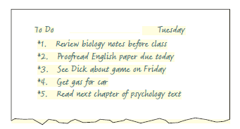 Write an essay-length summary of the following article. Include a short introductory paragraph that states the thesis of the article. Then summarize in your three supporting paragraphs the three important areas in which study skills can be useful. Your conclusion might be a single sentence restating the thesis. Power Learning 1 Jill had not done as well in high school as she had hoped. Since college involved even more work, it was no surprise that she didn't do better there. 2 The reason for her so-so performance was not a lack of effort. She attended most of her classes and read her textbooks. And she never missed handing in any assignment, even though it often meant staying up late the night before homework was due. Still, she just got by in her classes. Before long, she came to the conclusion that she simply couldn't do any better. 3 Then one day, one of her instructors said something to make her think otherwise. You can probably build some sort of house by banging a few boards together, he said. But if you want a sturdy home, you'll have to use the right techniques and tools. Building carefully takes work, but it gets better results. The same can be said of your education. There are no shortcuts, but there are some proven study skills that can really help. If you don't use them, you may end up with a pretty flimsy education. 4 Jill signed up for a study-skills course and found out a crucial fact-that learning how to learn is the key to success in school. There are certain dependable skills that have made the difference between disappointment and success for generations of students. These techniques won't free you from work, but they will make your work far more productive. They include three important areas: time control, classroom note-taking, and textbook study. Time Control 5 Success in college depends on time control. Time control means that you deliberately organize and plan your time, instead of letting it drift by. Planning means that you should never be faced with an overdue term paper or a cram session the night before a test. 6 There are three steps involved in time control. First, you should prepare a large monthly calendar. Buy a calendar with a large white block around each date, or make one yourself. At the beginning of the college semester, circle important dates on this calendar. Circle the days on which tests are scheduled; circle the days when papers are due. This calendar can also be used to schedule study plans. At the beginning of the week, you can jot down your plans for each day. An alternative method would be to make plans for each day the night before. On Tuesday night, for example, you might write down Read Chapter 5 in psychology in the Wednesday block. Hang this calendar where you will see it every day-your kitchen, bedroom, even your bathroom! 7 The second step in time control is to have a weekly study schedule for the semester-a chart that covers all the days of the week and all the waking hours in each day. Below is part of one student's schedule: On your own schedule, fill in all the fixed hours in each day-hours for meals, classes, job (if any), and travel time. Next, mark time blocks that you can realistically use for study each day. Depending on the number of courses you are taking and the demands of these courses, you may want to block off five, ten, or even twenty or more hours of study time a week. Keep in mind that you should not block off time that you do not truly intend to use for study. Otherwise, your schedule will be a meaningless gimmick. Also, remember that you should allow time for rest and relaxation. You will be happiest, and able to accomplish the most, when you have time for both work and play 8 The third step in time control is to make a daily or weekly to do list. This may be the most valuable time-control method you ever use. On this list, write down the things you need to do for the following day or the following week. If you choose to write a weekly list, do it on Sunday night. If you choose to write a daily list, do it the night before. Here is part of one student's daily list: You may use a three- by five-inch notepad or a small spiral-bound notebook for this list. Carry the list around with you during the day. Always concentrate on doing the most important items first. To make the best use of your time, mark high-priority items with an asterisk and give them precedence over low-priority items. For instance, you may find yourself wondering what to do after dinner on Thursday evening. Among the items on your list are Clean inside of car and Review chapter for math quiz. It is obviously more important for you to review your notes at this point; you can clean out the car some other time. As you complete items on your to do list, cross them out. Do not worry about unfinished items. They can be rescheduled. You will still be accomplishing a great deal and making more effective use of your time. Classroom Note-Taking 9 One of the most important single things you can do to perform well in a college course is to take effective class notes. The following hints should help you become a better note-taker. 10 First, attend class faithfully. Your alternatives-reading the text, reading someone else's notes, or both-cannot substitute for the class experience of hearing ideas in person as someone presents them to you. Also, in class lectures and discussions, your instructor typically presents and develops the main ideas and facts of the course-the ones you will be expected to know on exams. 11 Another valuable hint is to make use of abbreviations while taking notes. Using abbreviations saves time when you are trying to get down a great deal of information. Abbreviate terms that recur frequently in a lecture and put a key to your abbreviations at the top of your notes. For example, in sociology class, eth could stand for ethnocentrism; in a psychology class, STM could stand for short-term memory. (When a lecture is over, you may want to go back and write out the terms you have abbreviated.) Also, use e for example; def for definition; info for information; + for and; and so on. If you use the same abbreviations all the time, you will soon develop a kind of personal shorthand that makes taking notes much easier. 12. A third hint for taking notes is to be on the lookout for signals of importance. Write down whatever your instructor puts on the board. If he or she takes the time to put material on the board, it is probably important, and the chances are good that it will come up later on exams. Always write down definitions and enumerations. Enumerations are lists of items. They are signaled in such ways as The four steps in the process are... ; There were three reasons for... ; The two effects were... ; Five characteristics of... ; and so on. In your notes, always number such enumerations (1, 2, 3, etc.). They will help you understand relationships among ideas and organize the material of the lecture. Watch for emphasis words-words your instructor may use to indicate that something is important. Examples of such words are This is an important reason... ; A point that will keep coming up later... ; The chief cause was... ; The basic idea here is... ; and so on. Always write down the important statements announced by these and other emphasis words. Finally, if your instructor repeats a point, you can assume that it is important. You might put an R for repeated in the margin so that later you will know that your instructor stressed it. 13. Next, be sure to write down the instructor's examples and mark them with an e. The examples help you understand abstract points. If you do not write them down, you are likely to forget them later, when they are needed to help make sense of an idea. 14. Also, be sure to write down the connections between ideas. Too many students merely copy terms the instructor puts on the board. They forget that, as time passes, the details that serve as connecting bridges between ideas quickly fade. You should, then, write down the relationships and connections in class. That way you'll have them to help tie together your notes later on. 15. Review your notes as soon as possible after class. You must make them as clear as possible while they are fresh in your mind. A day later may be too late, because forgetting sets in very quickly. Make sure that punctuation is clear, that all words are readable and correctly spelled, and that unfinished sentences are completed (or at least marked off so that you can check your notes with another student's). Add clarifying or connecting comments wherever necessary. Make sure that important ideas are clearly marked. Improve the organization if necessary so that you can see at a glance main points and relationships among them. 16. Finally, try in general to get down a written record of each class. You must do this because forgetting begins almost immediately. Studies have shown that within two weeks you are likely to have forgotten 80 percent or more of what you have heard. And in four weeks you are lucky if 5 percent remains! This is so crucial that it bears repeating: To guard against the relentlessness of forgetting, it is absolutely essential that you write down what you hear in class. Later you can concentrate on working to understand fully and to remember the ideas that have been presented in class. And then, the more complete your notes are, the more you are likely to learn. Textbook Study 17. In many college courses, success means being able to read and study a textbook skillfully. For many students, unfortunately, textbooks are heavy going. After an hour or two of study, the textbook material is as formless and as hard to understand as ever. But there is a way to attack even the most difficult textbook and make sense of it. Use a sequence in which you preview a chapter, mark it, take notes on it, and then study the notes. Previewing 18 Previewing a selection is an important first step to understanding. Taking the time to preview a section or chapter can give you a bird'seye view of the way the material is organized. You will have a sense of where you are beginning, what you will cover, and where you will end. 19 There are several steps in previewing a selection. First, study the title. The title is the shortest possible summary of a selection and will often tell you the limits of the material you will cover. For example, the title FDR and the Supreme Court tells you to expect a discussion of President Roosevelt's dealings with the Court. You know that you will probably not encounter any material dealing with FDR's foreign policies or personal life. Next, quickly read over the first and last paragraphs of the selection; these may contain important introductions to, and summaries of, the main ideas. Then briefly examine the headings and subheadings in the selection. Together, the headings and subheadings are a mini-outline of what you are reading. Headings are often main ideas or important concepts in capsule form; subheadings are breakdowns of ideas within main areas. Finally, read the first sentence of some paragraphs, look for words set off in boldface or italics , and look at pictures or diagrams. After you have previewed a selection in this way, you should have a good general sense of the material to be read. Marking 20 You should mark a textbook selection at the same time that you read it through carefully. Use a felt-tip highlighter to shade material that seems important, or use a ballpoint pen and put symbols in the margin next to the material: stars, checks, or NB ( nota bene, Latin for note well). What to mark is not as mysterious as some students believe. You should try to find main ideas by looking for clues: definitions and examples, enumerations, and emphasis words. 21 1. Definitions and examples: Definitions are often among the most important ideas in a selection. They are particularly signifi cant in introductory courses in almost any subject area, where much of your learning involves mastering the specialized vocabulary of that subject. In a sense, you are learning the language of psychology or business or whatever the subject might be. 22 Most definitions are abstract, and so they usually are followed by one or more examples to help clarify their meaning. Always mark off definitions and at least one example that makes a definition clear to you. In a psychology text, for example, we are told that rationalization is an attempt to reduce anxiety by deciding that you have not really been frustrated. Several examples follow, among them: A young man, frustrated because he was rejected when he asked for a date, convinces himself that the girl is not very attractive or interesting. 23 2. Enumerations: Enumerations are lists of items (causes, reasons, types, and so on) that are numbered 1, 2, 3,... or that could easily be numbered. They are often signaled by addition words. Many of the paragraphs in this book, for instance, use words like First of all, Another, In addition, and Finally to signal items in a series. Other textbooks also use this very common and effective organizational method. 24 3. Emphasis words: Emphasis words tell you that an idea is important. Common emphasis words include phrases such as a major event, a key feature, the chief factor, important to note, above all, and most of all. Here is an example: The most significant contemporary use of marketing is its application to nonbusiness areas, such as political parties. Note-Taking 25 Next, you should take notes. Go through the chapter a second time, rereading the most important parts. Try to write down the main ideas in a simple outline form. For example, in taking notes on a psychology selection, you might write down the heading Defense Mechanisms. Below the heading you would define them, number and describe each kind, and give an example of each. Studying Notes 26 To study your notes, use repeated self-testing. For example, look at the heading Defense Mechanisms and say to yourself, What are the kinds of defense mechanisms? When you can recite them, then say to yourself, What is rationalization? What is an example of rationalization? Then ask yourself, What is projection? What is an example of projection? After you learn each section, review it, and then go on to the next section. 27 Do not simply read your notes; keep looking away and seeing if you can recite them to yourself. This self-testing is the key to effective learning. Summary: Textbook Study 28 In summary, remember this sequence for dealing with a textbook: preview, mark, take notes, study the notes. Approaching a textbook in this methodical way will give you very positive results. You will no longer feel bogged down in a swamp of words, unable to figure out what you are supposed to know. Instead, you will understand exactly what you have to do, and how to go about doing it. 29 Take a minute now to evaluate your own study habits. Do you practice many of the above skills in order to take effective classroom notes, control your time, and learn from your textbooks? If not, perhaps you should. The skills are not magic, but they are too valuable to ignore. Use them carefully and consistently, and they will make academic success possible for you. Try them, and you won't need convincing.