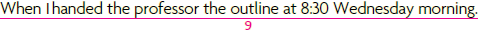 EDITING TEST 6 Identify the ten sentence-skills mistakes at the underlined spots in the student paper that follows. From the box below, choose the letter that describes each mistake and write that letter in the space provided. (The same kind of mistake may appear more than once.) Then, in the spaces between the lines, edit and correct each mistake. a. fragment b. run-on c. mistake in subject-verb agreement d. mistake in verb tense e. mistake with quotation marks f. mistake in pronoun point of view g. spelling error h. missing comma One reason that I enjoy the commute to school is that the drive gives me time to myself. The classes and socializing at college great, and so is the time I spend with my family, but sometimes all this togetherness keeps from being able to think. In fact, I look forward to the time I have gives me a chance to plan what I'll accomplish in the day ahead. For example, one Tuesday afternoon my history professor that a rough outline for our semester report was due that Friday. I had already done some I had checked my proposed topic with her the week before. planned the entire history report in my mind. Then all I had to do when I got home was quickly jot it down before I forgot it. She asked me 0 She was amazed when I told her that I owed it all to commuting. 1. ______ 2. ______ 3. ______ 4. ______ 5. ______ 6. ______ 7. ______ 8. ______ 9. ______ 10. ______