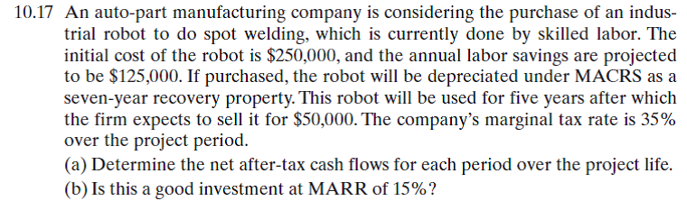 Reconsider Problem 10.17. Suppose that the project requires a $30,000 investment in working capital at the beginning of the project and the entire amount will be recovered at the end of project life. How does this investment in working capital change the net cash flows series?