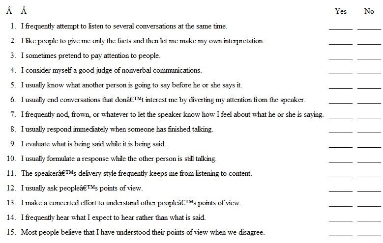 Instructions: Read the following questions and write yes or no for each statement on a separate sheet of paper. Mark each answer as truthfully as you can in light of your behavior in the last few meetings or gatherings you attended. 7 Listening Self-Inventory According to communication theory, the correct answers are as follows: no for questions 1, 2, 3, 5, 6, 7, 8, 9, 10, 11, and 14; and yes for questions 4, 12, 13, and 15. If you missed only one or two questions, you strongly approve of your own listening habits, and you are on the right track to becoming an effective listener in your role as a salesperson. If you missed three or four questions, you have uncovered some doubts about your listening effectiveness, and your knowledge of how to listen has some gaps. If you missed five or more questions, you probably are not satisfied with the way you listen, and your friends and co-workers may not feel you are a good listener either. Work on improving your active listening skills. 8