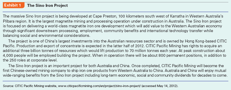 Confronting significant liabilities of foreignness, the Sino Iron project in Australia experienced a great deal of delays and cost overruns. What could the management team do to better engage stakeholders in the host country  The Sino Iron Project  In January 2010, Hua Dongyi rushed to assume his duty as Chairman of Sino Iron Pty Ltd. (Australia) in Perth, the capital and largest city in Western Australia. The parent company of Sino Iron, China International Trust and Investment Corporation (CITIC), just transferred him from CITIC Construction Co., a subsidiary focused on infrastructural projects in Africa and Asia, to Sino Iron in Australia. The massive Sino Iron project was the largest magnetite mining and processing operation under construction in Australia, and was one of China's largest investments into the Australian resources sector (see Exhibits 1, 2, 3, and 4).  Hua had an urgent meeting with his management team. Sino Iron faced tremendous challenges: Spotting the high potential demand for iron ores in China, CITIC had purchased the mining license of Australian magnetite iron ores, and started the project in 2007. After investing A$1.6 billion, the project had suffered significant delays and cost overruns, pushing back the planned date of operation from the first half of 2009 to early 2011, and now even that date was not realistic.2 The challenge for Hua and his team was to push the project forward and launch operations soon.  The global price of iron ores changed dramatically. In 2010, negotiations broke down between China Steel Association and the world's three biggest mining companies- BHP Billiton, Rio Tinto, and Vale of Brazil. Some Chinese steel companies had to accept a nearly 100% price increase of iron ore imports from these three mining giants and quarterly price adjustments. After the recent price hike, a correction could be due any time and price could fall drastically later, which would be bad timing for Sino Iron if production was further delayed. Furthermore, magnetite iron ores due              to their nature had a 40% higher production cost than other premium resources mainly under the control of BHP Billiton and Rio Tinto, which never allowed joint investment with Chinese companies. This could put Sino Iron in a very disadvantaged position if it found price dropping after its mine started operating.  Sino Iron's CEO Barry Fitzgerald was a local guy with 30 years of experience in iron ore operations. While he reported to Hua, he was not responsible for the delay and cost overruns. The main reason was the unexpectedly long time of approval procedures from the government. Delay meant higher labor costs-the cost of prospecting would increase another US$350 million from the original plan of US$3.5 billion.  However, Hua did not trust the local managers very well, because they were still leaving work every day on regular time, taking vacations, and expecting the bonus at the end of the year. Sometimes engineers were in the middle of processing concretes and as soon as it was time to go home, they would leave work without worrying whether it would cause problems. When there were problems, they would try to blame each other, and the sense of belonging and loyalty typical in Chinese firms was nowhere to be found here.  At the end of 2009, during the wave of acquisitions in Australia by Chinese steel companies, the Australian people's resistance and hostility to Chinese companies increased suddenly. Once, an Australian employee blurted out that after all, this was all the Chinese government's money so why should he care. Hua got upset: Our parent company, CITIC Pacific, is a public company in Hong Kong. The Chinese government is only one of many shareholders, and there are also other investors. I represent all the investors!  In order to control the progress of the project, Hua had to have some capable Chinese managers working for him. From the end of 2009 to January 2010, four of his old subordinates from CITIC Construction came to his rescue in Perth. However, Hua and his management team still faced significant challenges in dealing with different stakeholders in Australia (Exhibit 5).  Government Relationship In recent years, many Chinese companies began to invest in Australian mines. For example, Yanzhou Coal Enterprise acquired Australia Felix. Sichuan Hanlong invested US$200 million into a Molybdenum mine in Australia. Chongqing Iron Steel Group acquired the Asian Iron and Steel holding company, which was in control of Australian iron ore in Istanbul Xin. China Minmetals Corporation acquired some assets of Australia OZ Minerals for US$1.34 billion.  Overall, the Australian government has been open to these acquisitions. Yet it has also been on the alert to the acquirers that mostly have a government background, concerned that these companies may try to reduce taxes to the Australian government through internal transfer pricing, diminish local employment opportunities, and affect the local environment. Thus, the Australian government has tightened regulations. For example, the Australian Foreign Investment Review Board (FIRB) required China Nonferrous Metal Mining Group to reduce its stake during its acquisition of Lynas, which led to the failure of the acquisition. China Alumni Corporation's acquisition of Rio Tinto also failed due to the extended review of FIRB, which led to the opposition of other stakeholders.      At the same time, since Australia's premium iron ore resources are mainly under the control of BHP Billiton and Rio Tinto, Chinese companies, as late comers, can only invest in those magnetite iron ores that have a 40% higher production cost. For example, Australia's third largest iron ore producer, FMG, never agreed to joint investment with Chinese companies, thinking it was not worthwhile to give the foreign side shares. But FMG would seek Chinese shares in magnetite iron ore projects. The reason that CITIC and Chongqing Iron Steel Group's acquisitions received the approval from FIRB and that they were able to acquire 100% of the shares was exactly due to the fact that the production cost and risk of magnetite iron ores were too high. Local Australian firms did not want to touch these high-risk projects. Hua Dongyi's interactions with the Australian government were forceful but did not have much effect. In Africa, CITIC can leverage its state ownership background and obtain much support from the local government with a lot of preferential treatment. However, in Australia, the state ownership background of CITIC has not brought any benefits in interactions with the Australian government. On the contrary, state-owned enterprises (SOEs) and their subsidiaries can easily be regarded as agents of foreign governments and may be viewed as threats to national security. On May 2, 2010, the Australian government announced that it would exact a 40% Resource Super Profits Tax (RSPT) on mining firms starting in July 2012, in order to pay for the increasingly higher cost of infrastructure investment and pensions. The new tax encouraged more exploration and mergers and acquisitions (M As) within policy constraints. Sino Iron could gain some competitive advantage over BHP Billiton and Rio Tinto for the resource tax, because the new tax would allow companies to deduct the book value of inventory assets during the first five years of the new tax. Labor and Contractor Relationship  The Sino Iron project is located in the northwestern corner of Australia, occupying an area of 25 square kilometers (Exhibit 2). Looking from the airplane, it is an area of flat brown earth with few trees and not many people. The mine is 100 kilometers from the closest town Karratha, and a one-night stay in a motel there is even more expensive than a five-star hotel in Sydney. The only function of the town is to provide a point of transit for the nearby mine workers to go from and back to Perth. A prosperous mining industry led to high demand for labor, and the result is that a mine worker in Western Australia typically has an annual salary of over A$100,000, approximately the level of Australian university professors and twice the average income of Australians. A regular excavator driver can make A$160,000. Even a cleaner in the mining area can make A$80,000. Depending on the type of work, some workers can rest a week out of every three weeks, and some every two weeks. The company pays for their airfare if they go back home during vacation. Furthermore, due to the high demand from China and the start-up of many large resource projects, competition for labor has increased with many mine workers threatening to switch companies if denied a raise.  Sino Iron and its engineering contractor China Metallurgical Group used to assume that they could transport a large batch of capable (and low-cost) workers from China and rapidly move the project along. However, worker visas became a serious problem. Despite the lobbying of both the companies and the Chinese government, only several hundred visas were issued. Yet, the Australian government required all workers to pass a certification in English, which almost made it impossible for all the workers ready to come.  If our workers can score a 7 in IELTS (International English Language Testing System), they would not be coming here, Hua Dongyi sighed helplessly. Not only did the Chinese mine workers fail to come, the chefs that CITIC found to cater to the Chinese tastes of their managers could not get visas either. We have found three chefs successfully, and none of them can get a visa. Now the Chinese managers could only cook for themselves after work in the apartments that they rented.  In order to save labor costs, the project used the world's biggest and most powerful rod mill, the world's largest wheel loader, and the world's largest excavator- with a price tag of US$19 million and a capacity of 1000 tonnes each time. This also promoted the development of China's domestic equipment industry. For example, CITIC Pacific's sister company CITIC Heavy Industries developed a large-scale mining rod mill, which could increase mining abilities by 40% and reduce resource consumption by 20%. Such equipment thus could fully utilize low-grade iron ores and increase the mining efficiency greatly.  Community Relations  Even though Australia is a developed country, this area is the countryside. In many ways it is not even as good as Africa. This was Hua Dongyi's first impression after arriving at the project site. CITIC Pacific had to invest a great deal in infrastructure. Since the project started in August 2006, billions of dollars have already been invested in the mineral processing plant, pellet plant, slurry pipeline, port facilities, power plant, and desalination plant (see Exhibit 4). One Chinese manager joked, Usually you would feel more accomplished when you construct things and are able to see the effect. But here it seems that even though you have invested hundreds of thousands of dollars, there is still not much difference. What the Chinese manager did not comment on was that these infrastructure investments could not be taken away, so after the end of the 25-year mining period, they would be given to the locals for free.  Sino Iron also established a team to deal with historical remains, and did a series of explorations on the project site. In 2009, Sino Iron obtained various permits on land development and utilization. With these permits and proper care of historical remains, Sino Iron was able to enter the whole area on the project site, which enabled the smooth operation of construction. The historical remains team also abided by the obligations as listed in the Indigenous Land Use Agreements and ensured the close relationship between the project and the aboriginals living in the area.  Sino Iron also obtained various environmental permits critical to the progress of the project and its future expansion. During the process, the environmental team monitored the underground water, animals in caves, and sea turtles and birds on land. It also audited the environmental performance of its contractor in order to ensure the protection of the natural environment.  By March 2010, Hua had obtained all the key government permits and approvals regarding the environment and historical remains, yet he also began to worry about the cost increases they would bring. A twohole bridge, which would cost about 5 million yuan (about A$800,000) in China, ended up costing over A$50 million since it used steel pipe pile to protect the local environment. The cost differences were incredible. Moreover, many other things drove him crazy. For example, during meetings, usually the first two hours would be spent not discussing issues about the project, but rather environmental protection. For example, if a hole was left in the mining area, would it be necessary to build a ladder in case animals fell into the hole and could not climb up If they built a two-hole bridge near the dock and there were people working under the bridge, would that disturb the ecological environment of crabs near the seawall  All of these certainly increased the project's various costs, and were unforeseen before the investment. It appears that when undertaking overseas investments, Chinese managers need to put different priorities on different issues and stakeholders. Things that are easy to deal with in China are often difficult in other countries, and vice versa.  Case Discussion Questions  If you were Hua Dongyi, Chairman of Sino Iron in Australia, how would you deal with the Australian government, given its negative attitude toward Chinese investment