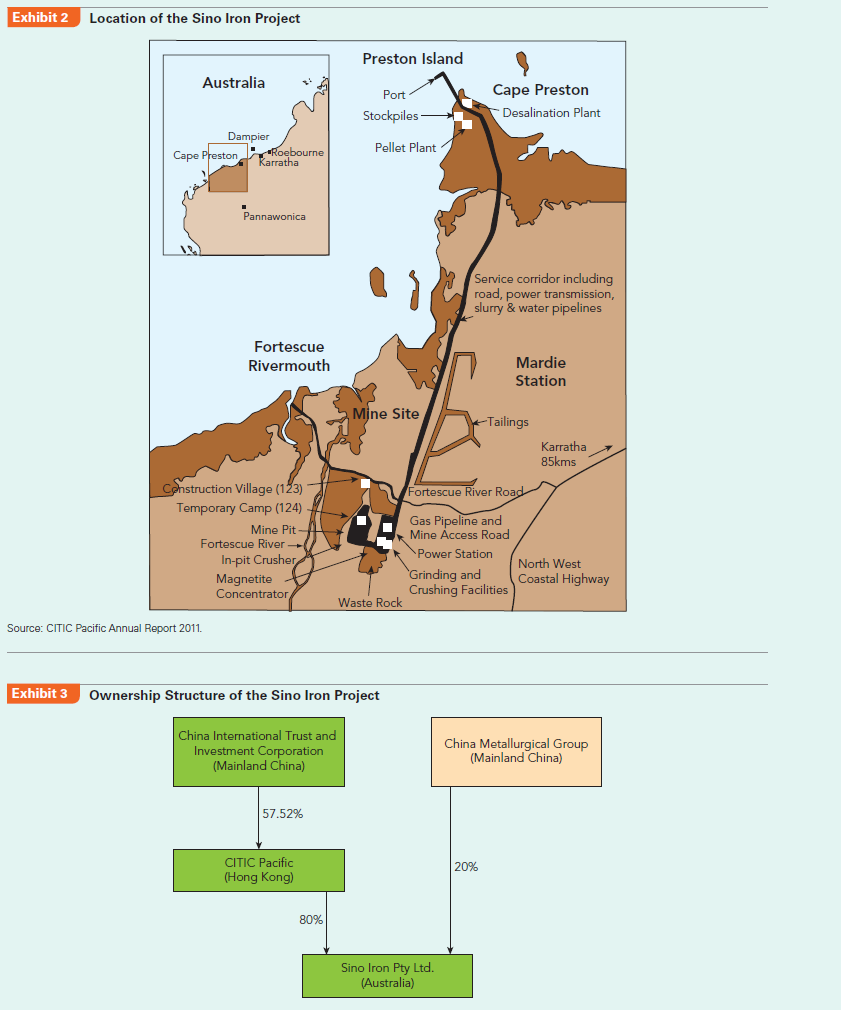 Confronting significant liabilities of foreignness, the Sino Iron project in Australia experienced a great deal of delays and cost overruns. What could the management team do to better engage stakeholders in the host country?  The Sino Iron Project  In January 2010, Hua Dongyi rushed to assume his duty as Chairman of Sino Iron Pty Ltd. (Australia) in Perth, the capital and largest city in Western Australia. The parent company of Sino Iron, China International Trust and Investment Corporation (CITIC), just transferred him from CITIC Construction Co., a subsidiary focused on infrastructural projects in Africa and Asia, to Sino Iron in Australia. The massive Sino Iron project was the largest magnetite mining and processing operation under construction in Australia, and was one of China's largest investments into the Australian resources sector (see Exhibits 1, 2, 3, and 4).  Hua had an urgent meeting with his management team. Sino Iron faced tremendous challenges: Spotting the high potential demand for iron ores in China, CITIC had purchased the mining license of Australian magnetite iron ores, and started the project in 2007. After investing A$1.6 billion, the project had suffered significant delays and cost overruns, pushing back the planned date of operation from the first half of 2009 to early 2011, and now even that date was not realistic.2 The challenge for Hua and his team was to push the project forward and launch operations soon.  The global price of iron ores changed dramatically. In 2010, negotiations broke down between China Steel Association and the world's three biggest mining companies- BHP Billiton, Rio Tinto, and Vale of Brazil. Some Chinese steel companies had to accept a nearly 100% price increase of iron ore imports from these three mining giants and quarterly price adjustments. After the recent price hike, a correction could be due any time and price could fall drastically later, which would be bad timing for Sino Iron if production was further delayed. Furthermore, magnetite iron ores due              to their nature had a 40% higher production cost than other premium resources mainly under the control of BHP Billiton and Rio Tinto, which never allowed joint investment with Chinese companies. This could put Sino Iron in a very disadvantaged position if it found price dropping after its mine started operating.  Sino Iron's CEO Barry Fitzgerald was a local guy with 30 years of experience in iron ore operations. While he reported to Hua, he was not responsible for the delay and cost overruns. The main reason was the unexpectedly long time of approval procedures from the government. Delay meant higher labor costs-the cost of prospecting would increase another US$350 million from the original plan of US$3.5 billion.  However, Hua did not trust the local managers very well, because they were still leaving work every day on regular time, taking vacations, and expecting the bonus at the end of the year. Sometimes engineers were in the middle of processing concretes and as soon as it was time to go home, they would leave work without worrying whether it would cause problems. When there were problems, they would try to blame each other, and the sense of belonging and loyalty typical in Chinese firms was nowhere to be found here.  At the end of 2009, during the wave of acquisitions in Australia by Chinese steel companies, the Australian people's resistance and hostility to Chinese companies increased suddenly. Once, an Australian employee blurted out that after all, this was all the Chinese government's money so why should he care. Hua got upset: Our parent company, CITIC Pacific, is a public company in Hong Kong. The Chinese government is only one of many shareholders, and there are also other investors. I represent all the investors!  In order to control the progress of the project, Hua had to have some capable Chinese managers working for him. From the end of 2009 to January 2010, four of his old subordinates from CITIC Construction came to his rescue in Perth. However, Hua and his management team still faced significant challenges in dealing with different stakeholders in Australia (Exhibit 5).  Government Relationship In recent years, many Chinese companies began to invest in Australian mines. For example, Yanzhou Coal Enterprise acquired Australia Felix. Sichuan Hanlong invested US$200 million into a Molybdenum mine in Australia. Chongqing Iron Steel Group acquired the Asian Iron and Steel holding company, which was in control of Australian iron ore in Istanbul Xin. China Minmetals Corporation acquired some assets of Australia OZ Minerals for US$1.34 billion.  Overall, the Australian government has been open to these acquisitions. Yet it has also been on the alert to the acquirers that mostly have a government background, concerned that these companies may try to reduce taxes to the Australian government through internal transfer pricing, diminish local employment opportunities, and affect the local environment. Thus, the Australian government has tightened regulations. For example, the Australian Foreign Investment Review Board (FIRB) required China Nonferrous Metal Mining Group to reduce its stake during its acquisition of Lynas, which led to the failure of the acquisition. China Alumni Corporation's acquisition of Rio Tinto also failed due to the extended review of FIRB, which led to the opposition of other stakeholders.      At the same time, since Australia's premium iron ore resources are mainly under the control of BHP Billiton and Rio Tinto, Chinese companies, as late comers, can only invest in those magnetite iron ores that have a 40% higher production cost. For example, Australia's third largest iron ore producer, FMG, never agreed to joint investment with Chinese companies, thinking it was not worthwhile to give the foreign side shares. But FMG would seek Chinese shares in magnetite iron ore projects. The reason that CITIC and Chongqing Iron Steel Group's acquisitions received the approval from FIRB and that they were able to acquire 100% of the shares was exactly due to the fact that the production cost and risk of magnetite iron ores were too high. Local Australian firms did not want to touch these high-risk projects. Hua Dongyi's interactions with the Australian government were forceful but did not have much effect. In Africa, CITIC can leverage its state ownership background and obtain much support from the local government with a lot of preferential treatment. However, in Australia, the state ownership background of CITIC has not brought any benefits in interactions with the Australian government. On the contrary, state-owned enterprises (SOEs) and their subsidiaries can easily be regarded as agents of foreign governments and may be viewed as threats to national security. On May 2, 2010, the Australian government announced that it would exact a 40% Resource Super Profits Tax (RSPT) on mining firms starting in July 2012, in order to pay for the increasingly higher cost of infrastructure investment and pensions. The new tax encouraged more exploration and mergers and acquisitions (M As) within policy constraints. Sino Iron could gain some competitive advantage over BHP Billiton and Rio Tinto for the resource tax, because the new tax would allow companies to deduct the book value of inventory assets during the first five years of the new tax. Labor and Contractor Relationship  The Sino Iron project is located in the northwestern corner of Australia, occupying an area of 25 square kilometers (Exhibit 2). Looking from the airplane, it is an area of flat brown earth with few trees and not many people. The mine is 100 kilometers from the closest town Karratha, and a one-night stay in a motel there is even more expensive than a five-star hotel in Sydney. The only function of the town is to provide a point of transit for the nearby mine workers to go from and back to Perth. A prosperous mining industry led to high demand for labor, and the result is that a mine worker in Western Australia typically has an annual salary of over A$100,000, approximately the level of Australian university professors and twice the average income of Australians. A regular excavator driver can make A$160,000. Even a cleaner in the mining area can make A$80,000. Depending on the type of work, some workers can rest a week out of every three weeks, and some every two weeks. The company pays for their airfare if they go back home during vacation. Furthermore, due to the high demand from China and the start-up of many large resource projects, competition for labor has increased with many mine workers threatening to switch companies if denied a raise.  Sino Iron and its engineering contractor China Metallurgical Group used to assume that they could transport a large batch of capable (and low-cost) workers from China and rapidly move the project along. However, worker visas became a serious problem. Despite the lobbying of both the companies and the Chinese government, only several hundred visas were issued. Yet, the Australian government required all workers to pass a certification in English, which almost made it impossible for all the workers ready to come.  If our workers can score a 7 in IELTS (International English Language Testing System), they would not be coming here, Hua Dongyi sighed helplessly. Not only did the Chinese mine workers fail to come, the chefs that CITIC found to cater to the Chinese tastes of their managers could not get visas either. We have found three chefs successfully, and none of them can get a visa. Now the Chinese managers could only cook for themselves after work in the apartments that they rented.  In order to save labor costs, the project used the world's biggest and most powerful rod mill, the world's largest wheel loader, and the world's largest excavator- with a price tag of US$19 million and a capacity of 1000 tonnes each time. This also promoted the development of China's domestic equipment industry. For example, CITIC Pacific's sister company CITIC Heavy Industries developed a large-scale mining rod mill, which could increase mining abilities by 40% and reduce resource consumption by 20%. Such equipment thus could fully utilize low-grade iron ores and increase the mining efficiency greatly.  Community Relations  Even though Australia is a developed country, this area is the countryside. In many ways it is not even as good as Africa. This was Hua Dongyi's first impression after arriving at the project site. CITIC Pacific had to invest a great deal in infrastructure. Since the project started in August 2006, billions of dollars have already been invested in the mineral processing plant, pellet plant, slurry pipeline, port facilities, power plant, and desalination plant (see Exhibit 4). One Chinese manager joked, Usually you would feel more accomplished when you construct things and are able to see the effect. But here it seems that even though you have invested hundreds of thousands of dollars, there is still not much difference. What the Chinese manager did not comment on was that these infrastructure investments could not be taken away, so after the end of the 25-year mining period, they would be given to the locals for free.  Sino Iron also established a team to deal with historical remains, and did a series of explorations on the project site. In 2009, Sino Iron obtained various permits on land development and utilization. With these permits and proper care of historical remains, Sino Iron was able to enter the whole area on the project site, which enabled the smooth operation of construction. The historical remains team also abided by the obligations as listed in the Indigenous Land Use Agreements and ensured the close relationship between the project and the aboriginals living in the area.  Sino Iron also obtained various environmental permits critical to the progress of the project and its future expansion. During the process, the environmental team monitored the underground water, animals in caves, and sea turtles and birds on land. It also audited the environmental performance of its contractor in order to ensure the protection of the natural environment.  By March 2010, Hua had obtained all the key government permits and approvals regarding the environment and historical remains, yet he also began to worry about the cost increases they would bring. A twohole bridge, which would cost about 5 million yuan (about A$800,000) in China, ended up costing over A$50 million since it used steel pipe pile to protect the local environment. The cost differences were incredible. Moreover, many other things drove him crazy. For example, during meetings, usually the first two hours would be spent not discussing issues about the project, but rather environmental protection. For example, if a hole was left in the mining area, would it be necessary to build a ladder in case animals fell into the hole and could not climb up? If they built a two-hole bridge near the dock and there were people working under the bridge, would that disturb the ecological environment of crabs near the seawall?  All of these certainly increased the project's various costs, and were unforeseen before the investment. It appears that when undertaking overseas investments, Chinese managers need to put different priorities on different issues and stakeholders. Things that are easy to deal with in China are often difficult in other countries, and vice versa.  Case Discussion Questions  Compare CITIC's overseas project investments and operations in Africa and Australia. What are the institutional differences? How do these differences affect firm performance?
