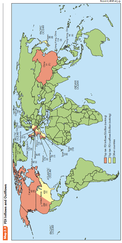 Some Americans feel that US-based firms should not undertake FDI in other countries because it results in expanding business opportunities in those countries and does not benefit the United States. How may the data on PengAtlas Map 2.3 be used to refute that view?