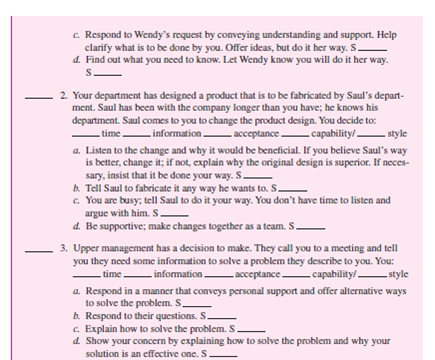 Begin this exercise by determining your preferred communication style in Self-Assessment Exercise 6-2.                Following is the process used with each of the four situational supervisory styles. Notice that behavior can be characterized as a combination of two dimensions-task and relationship. In task behavior, the sender tells the receiver what to do and how to do it; performance is closely supervised. In relationship behavior, the sender listens to the other person in an effort to develop support, trust, and respect; performance is not closely supervised. Both task and relationship can be described as high or low depending on the amount of emphasis placed on each of the two dimensions during communication. One style, autocratic communication style (S-A), demonstrates high task-low relationship behavior (HT-LR), initiating a closed presentation. The other party has little, if any, information and is low in capability. • Initiation / Response. You initiate and control the communication with minimal, if any, response. • Presentation / Elicitation. You make a presentation letting the other parties know they are expected to comply with your message; there is little, if any, elicitation. • Closed / Open. You use a closed presentation; you will not consider the receiver's input. The consultative communication style (S-C) demonstrates high task-high relationship behavior (HT-HR), using a closed presentation for the task with an open elicitation for the relationship. The other party has moderate information and capability. • Initiation / Response. You initiate the communication by letting the other party know that you want him or her to buy into your influence. You desire some response. • Presentation / Elicitation. Both are used. You use elicitation to determine the goal of the communication. For example, you may ask questions to determine the situation and follow up with a presentation. When the communication goal is known, little task elicitation is needed. Relationship communication is elicited to determine the interest of the other party and acceptance of the message. The open elicitation should show your concern for the other party's point of view and motivate him or her to follow your influence. • Closed / Open. You are closed to having the message accepted (task), but open to the person's feelings (relationship). Be empathetic. The participative communication style (S-P) demonstrates low task-high relationship behavior (LT-HR), responding with open elicitation, some initiation, and little presentation.  The other party is high in information and capability. • Initiation / Response. You respond with some initiation. You want to help the other party solve a problem or get him or her to help you solve one. You are helpful and convey personal support. • Presentation / Elicitation. Elicitation can occur with little presentation. Your role is to elicit the other party's ideas on how to reach objectives. • Closed / Open. Open communication is used. If you participate well, the other party will come to a solution you can accept. If not, you may have to reject the other party's message. Another style, laissez-faire communication style (S-L), demonstrates low task-low relationship behavior (LT-LR), responding with the necessary open presentation. The other party is outstanding in information and capability. • Initiation / Response. You respond to the other party with little, if any, initiation. • Presentation / Elicitation. You present the other party with the information, structure, and so forth, that the sender wants. • Closed / Open. Open communication is used. You convey that the other party is in charge; you will accept the message. When selecting the appropriate communication style, you should consider four variables: time, information, acceptance, and capability. Answering the questions related to each variable below can help you select the appropriate style for the situation. Time Do I have enough time to use two-way communication? When there is no time, the other three variables are not considered; the autocratic style is appropriate. When time is available, any of the other styles may be appropriate, depending on the other variables. Time is a relative term; in one situation a few minutes may be considered a short time period, while in another a month may be a short period of time. Information Do I have the necessary information to communicate my message, make a decision, or take action? When you have all the information you need, the autocratic style may be appropriate. When you have some of the information, the consultative style may be appropriate. When you have little information, the participative or laissez-faire style may be appropriate. Acceptance Will the other party accept my message without any input? If the receiver will accept the message, the autocratic style may be appropriate. If the receiver will be reluctant to accept it, the consultative style may be appropriate. If the receiver will reject the message, the participative or laissez-faire style may be appropriate to gain acceptance. There are situations where acceptance is critical to success, such as in the area of implementing changes. Capability Capability has two parts: Ability Does the other party have the experience or knowledge to participate in twoway communication? Will the receiver put the organization's goals ahead of personal needs or goals? Motivation Does the other party want to participate? When the other party is low in capability, the autocratic style may be appropriate; moderate in capability, the consultative style may be appropriate; high in capability, the participative style may be appropriate; outstanding in capability, the laissez-faire style may be appropriate. Capability levels can change from one task to another. For example, a professor may have outstanding capability in classroom teaching, but be low in capability for advising students. Successful managers understand different styles of communication and select communication styles based on the situation. There are three steps to follow when selecting the appropriate communication style in a given situation. Step 1: Diagnose the situation. Answer the questions for each of the four situation variables. In Self-Assessment Exercise 6-2 you were asked to select one alternative situation. You were told to ignore the _______ time _________ information ________ acceptance ________ capability/________ style and S ________ lines. Now you will complete this part in the In-Class Skill-Building Exercise 6-5 by placing the style letters (S-A, S-C, S-P, S-L) on the lines provided for each of the 12 situations. Step 2: Select the appropriate style for the situation. After analyzing the four variables, select the appropriate style for the situation. In some situations, where variables support conflicting styles, select the style of the most important variable for the situation. For example, capability may be outstanding (C-4), but you have all the information needed (S-A). If the information is more important, use the autocratic style even though the capability is outstanding. When doing In-Class Skill-Building Exercise 6-5, place the letters (S-A, S-C, S-P, S-L) for the appropriate styles on the ________ style lines. Step 3: Implement the appropriate communication style. During In-Class Skill- Building Exercise 6-5, you will identify one of the four communication styles for each alternative action; place the S-A, S-C, S-P, or S-L on the S ________ lines. Select the alternative a, b, c, or d that represents the appropriate communication for each of the 12 situations. The table below summarizes the material in this section. Use it to determine the appropriate communication style in situation 1 below and during In-Class Skill-Building Exercise 6-5.      Determining the Appropriate Communication Style for Situation 1  Step 1: Diagnose the situation. Answer the four variable questions from the model, and place the letters on the four variable lines below. 1. Wendy, a knowledgeable person from another department, comes to you, the engineering supervisor, and requests that you design a special product to her specifications. You would:    a. Control the conversation and tell Wendy what you will do for her. S ______ b. Ask Wendy to describe the product. Once you understand it, you would present your ideas. Let her realize that you are concerned and want to help with your ideas. S ________ c. Respond to Wendy's request by conveying understanding and support. Help clarify what is to be done by you. Offer ideas, but do it her way. S _______ d. Find out what you need to know. Let Wendy know you will do it her way. S_______ Step 2: Select the appropriate style for the situation. Review the four variables. If they are all consistent, select one style. If they are conflicting, select the most important variable as the style to use. Place its letters (S-A, S-C, S-P, or S-L) on the style line. Step 3: Select the appropriate action. Review the four alternative actions. Identify the communication style for each, placing its letters on the S _________ line then check the appropriate match alternative. Let's see how you did. 1. Time is available; it can be either S-C, S-P, or S-L. Information: You have little information, so you need to use a participative or laissez-faire style to find out what Wendy wants done: S-P or S-L. Acceptance: If you try to do it your way rather than Wendy's way, she will most likely reject it. You need to use a participative or laissez-faire style: S-P or S-L. Capability: Wendy is knowledgeable and is highly capable: S-P. 2. Reviewing the four variables, you see that there is a mixture of S-P and S-L. Since you are an engineer, it is appropriate to participate with Wendy to give her what she needs. Therefore, the choice is S-P. 3. Alternative a is S-A; this is the autocratic style, high task-low relationship. Alternative b is S-C; this is the consultative style, high task-high relationship. Alternative c is S-P; this is the participative style, low task-high relationship. Alternative d is S-L; this is laissez-faire, low task-low relationship behavior. If you selected c as your action, you chose the most appropriate action for the situation. This was a three-point answer. If you selected d as your answer, this is also a good alternative; it scores two points. If you selected b, you get one point for overdirecting. If you selected a, you get zero points; this is too much directing and will most likely hurt communication. The better you match your communication style to the situation, the more effective you will be at communicating. Objectives: To develop your ability to communicate using the appropriate style for the situation. AACSB: The primary AACSB learning standard skills developed through this exercise are analytic skills and communication abilities. Preparation: You should have completed the 12 situations in Self-Assessment Exercise 6-2. In the self-assessment, you were selecting the alternative that you would choose in the situation. In this part of the skill-building exercise, you are trying to select the most appropriate alternative that will result in the most effective communication. Thus, you may be selecting different answers. Experience: You will work at selecting the appropriate style for the 12 situations in Self- Assessment Exercise 6-2. On the time, information, acceptance, and capability lines, place the letters S-A, S-C, S-P, or S-L, whichever is appropriate for the situation. Based on your diagnoses, select the one style you would use. Place the letters S-A, S-C, S-P, or S-L on the style line. On the four S lines write the letters S-A, S-C, S-P, or S-L to identify each style being used. The instructor reviews the Situational Communications Model and explains how to apply it to determine the appropriate style for situation 1. Turn to situation 2. Using the model, select the appropriate style. If you have time, identify each alternative style (3-4 minutes). The instructor goes over the recommended answers (3-4 minutes). A. Break into groups of two or three. As a team, apply the model to situations 3 through 7 (15-20 minutes). The instructor will go over the appropriate answers when all teams are done or the time is up (4-6 minutes). B. (Optional) Break into new groups of two or three and do situations 8 through 12 (15-20 minutes). The instructor will go over the appropriate answers (4-6 minutes). Conclusion: The instructor leads a class discussion and/or makes concluding remarks. Application (2-4 minutes): What did I learn from this experience? How will I use this knowledge in the future? Sharing: Volunteers give their answers to the application section.