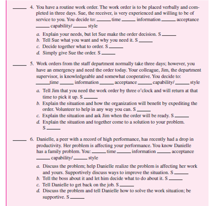 Begin this exercise by determining your preferred communication style in Self-Assessment Exercise 6-2.                Following is the process used with each of the four situational supervisory styles. Notice that behavior can be characterized as a combination of two dimensions-task and relationship. In task behavior, the sender tells the receiver what to do and how to do it; performance is closely supervised. In relationship behavior, the sender listens to the other person in an effort to develop support, trust, and respect; performance is not closely supervised. Both task and relationship can be described as high or low depending on the amount of emphasis placed on each of the two dimensions during communication. One style, autocratic communication style (S-A), demonstrates high task-low relationship behavior (HT-LR), initiating a closed presentation. The other party has little, if any, information and is low in capability. • Initiation / Response. You initiate and control the communication with minimal, if any, response. • Presentation / Elicitation. You make a presentation letting the other parties know they are expected to comply with your message; there is little, if any, elicitation. • Closed / Open. You use a closed presentation; you will not consider the receiver's input. The consultative communication style (S-C) demonstrates high task-high relationship behavior (HT-HR), using a closed presentation for the task with an open elicitation for the relationship. The other party has moderate information and capability. • Initiation / Response. You initiate the communication by letting the other party know that you want him or her to buy into your influence. You desire some response. • Presentation / Elicitation. Both are used. You use elicitation to determine the goal of the communication. For example, you may ask questions to determine the situation and follow up with a presentation. When the communication goal is known, little task elicitation is needed. Relationship communication is elicited to determine the interest of the other party and acceptance of the message. The open elicitation should show your concern for the other party's point of view and motivate him or her to follow your influence. • Closed / Open. You are closed to having the message accepted (task), but open to the person's feelings (relationship). Be empathetic. The participative communication style (S-P) demonstrates low task-high relationship behavior (LT-HR), responding with open elicitation, some initiation, and little presentation.  The other party is high in information and capability. • Initiation / Response. You respond with some initiation. You want to help the other party solve a problem or get him or her to help you solve one. You are helpful and convey personal support. • Presentation / Elicitation. Elicitation can occur with little presentation. Your role is to elicit the other party's ideas on how to reach objectives. • Closed / Open. Open communication is used. If you participate well, the other party will come to a solution you can accept. If not, you may have to reject the other party's message. Another style, laissez-faire communication style (S-L), demonstrates low task-low relationship behavior (LT-LR), responding with the necessary open presentation. The other party is outstanding in information and capability. • Initiation / Response. You respond to the other party with little, if any, initiation. • Presentation / Elicitation. You present the other party with the information, structure, and so forth, that the sender wants. • Closed / Open. Open communication is used. You convey that the other party is in charge; you will accept the message. When selecting the appropriate communication style, you should consider four variables: time, information, acceptance, and capability. Answering the questions related to each variable below can help you select the appropriate style for the situation. Time Do I have enough time to use two-way communication? When there is no time, the other three variables are not considered; the autocratic style is appropriate. When time is available, any of the other styles may be appropriate, depending on the other variables. Time is a relative term; in one situation a few minutes may be considered a short time period, while in another a month may be a short period of time. Information Do I have the necessary information to communicate my message, make a decision, or take action? When you have all the information you need, the autocratic style may be appropriate. When you have some of the information, the consultative style may be appropriate. When you have little information, the participative or laissez-faire style may be appropriate. Acceptance Will the other party accept my message without any input? If the receiver will accept the message, the autocratic style may be appropriate. If the receiver will be reluctant to accept it, the consultative style may be appropriate. If the receiver will reject the message, the participative or laissez-faire style may be appropriate to gain acceptance. There are situations where acceptance is critical to success, such as in the area of implementing changes. Capability Capability has two parts: Ability Does the other party have the experience or knowledge to participate in twoway communication? Will the receiver put the organization's goals ahead of personal needs or goals? Motivation Does the other party want to participate? When the other party is low in capability, the autocratic style may be appropriate; moderate in capability, the consultative style may be appropriate; high in capability, the participative style may be appropriate; outstanding in capability, the laissez-faire style may be appropriate. Capability levels can change from one task to another. For example, a professor may have outstanding capability in classroom teaching, but be low in capability for advising students. Successful managers understand different styles of communication and select communication styles based on the situation. There are three steps to follow when selecting the appropriate communication style in a given situation. Step 1: Diagnose the situation. Answer the questions for each of the four situation variables. In Self-Assessment Exercise 6-2 you were asked to select one alternative situation. You were told to ignore the _______ time _________ information ________ acceptance ________ capability/________ style and S ________ lines. Now you will complete this part in the In-Class Skill-Building Exercise 6-5 by placing the style letters (S-A, S-C, S-P, S-L) on the lines provided for each of the 12 situations. Step 2: Select the appropriate style for the situation. After analyzing the four variables, select the appropriate style for the situation. In some situations, where variables support conflicting styles, select the style of the most important variable for the situation. For example, capability may be outstanding (C-4), but you have all the information needed (S-A). If the information is more important, use the autocratic style even though the capability is outstanding. When doing In-Class Skill-Building Exercise 6-5, place the letters (S-A, S-C, S-P, S-L) for the appropriate styles on the ________ style lines. Step 3: Implement the appropriate communication style. During In-Class Skill- Building Exercise 6-5, you will identify one of the four communication styles for each alternative action; place the S-A, S-C, S-P, or S-L on the S ________ lines. Select the alternative a, b, c, or d that represents the appropriate communication for each of the 12 situations. The table below summarizes the material in this section. Use it to determine the appropriate communication style in situation 1 below and during In-Class Skill-Building Exercise 6-5.      Determining the Appropriate Communication Style for Situation 1  Step 1: Diagnose the situation. Answer the four variable questions from the model, and place the letters on the four variable lines below. 1. Wendy, a knowledgeable person from another department, comes to you, the engineering supervisor, and requests that you design a special product to her specifications. You would:    a. Control the conversation and tell Wendy what you will do for her. S ______ b. Ask Wendy to describe the product. Once you understand it, you would present your ideas. Let her realize that you are concerned and want to help with your ideas. S ________ c. Respond to Wendy's request by conveying understanding and support. Help clarify what is to be done by you. Offer ideas, but do it her way. S _______ d. Find out what you need to know. Let Wendy know you will do it her way. S_______ Step 2: Select the appropriate style for the situation. Review the four variables. If they are all consistent, select one style. If they are conflicting, select the most important variable as the style to use. Place its letters (S-A, S-C, S-P, or S-L) on the style line. Step 3: Select the appropriate action. Review the four alternative actions. Identify the communication style for each, placing its letters on the S _________ line then check the appropriate match alternative. Let's see how you did. 1. Time is available; it can be either S-C, S-P, or S-L. Information: You have little information, so you need to use a participative or laissez-faire style to find out what Wendy wants done: S-P or S-L. Acceptance: If you try to do it your way rather than Wendy's way, she will most likely reject it. You need to use a participative or laissez-faire style: S-P or S-L. Capability: Wendy is knowledgeable and is highly capable: S-P. 2. Reviewing the four variables, you see that there is a mixture of S-P and S-L. Since you are an engineer, it is appropriate to participate with Wendy to give her what she needs. Therefore, the choice is S-P. 3. Alternative a is S-A; this is the autocratic style, high task-low relationship. Alternative b is S-C; this is the consultative style, high task-high relationship. Alternative c is S-P; this is the participative style, low task-high relationship. Alternative d is S-L; this is laissez-faire, low task-low relationship behavior. If you selected c as your action, you chose the most appropriate action for the situation. This was a three-point answer. If you selected d as your answer, this is also a good alternative; it scores two points. If you selected b, you get one point for overdirecting. If you selected a, you get zero points; this is too much directing and will most likely hurt communication. The better you match your communication style to the situation, the more effective you will be at communicating. Objectives: To develop your ability to communicate using the appropriate style for the situation. AACSB: The primary AACSB learning standard skills developed through this exercise are analytic skills and communication abilities. Preparation: You should have completed the 12 situations in Self-Assessment Exercise 6-2. In the self-assessment, you were selecting the alternative that you would choose in the situation. In this part of the skill-building exercise, you are trying to select the most appropriate alternative that will result in the most effective communication. Thus, you may be selecting different answers. Experience: You will work at selecting the appropriate style for the 12 situations in Self- Assessment Exercise 6-2. On the time, information, acceptance, and capability lines, place the letters S-A, S-C, S-P, or S-L, whichever is appropriate for the situation. Based on your diagnoses, select the one style you would use. Place the letters S-A, S-C, S-P, or S-L on the style line. On the four S lines write the letters S-A, S-C, S-P, or S-L to identify each style being used. The instructor reviews the Situational Communications Model and explains how to apply it to determine the appropriate style for situation 1. Turn to situation 2. Using the model, select the appropriate style. If you have time, identify each alternative style (3-4 minutes). The instructor goes over the recommended answers (3-4 minutes). A. Break into groups of two or three. As a team, apply the model to situations 3 through 7 (15-20 minutes). The instructor will go over the appropriate answers when all teams are done or the time is up (4-6 minutes). B. (Optional) Break into new groups of two or three and do situations 8 through 12 (15-20 minutes). The instructor will go over the appropriate answers (4-6 minutes). Conclusion: The instructor leads a class discussion and/or makes concluding remarks. Application (2-4 minutes): What did I learn from this experience? How will I use this knowledge in the future? Sharing: Volunteers give their answers to the application section.