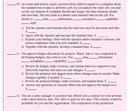Begin this exercise by determining your preferred communication style in Self-Assessment Exercise 6-2.                Following is the process used with each of the four situational supervisory styles. Notice that behavior can be characterized as a combination of two dimensions-task and relationship. In task behavior, the sender tells the receiver what to do and how to do it; performance is closely supervised. In relationship behavior, the sender listens to the other person in an effort to develop support, trust, and respect; performance is not closely supervised. Both task and relationship can be described as high or low depending on the amount of emphasis placed on each of the two dimensions during communication. One style, autocratic communication style (S-A), demonstrates high task-low relationship behavior (HT-LR), initiating a closed presentation. The other party has little, if any, information and is low in capability. • Initiation / Response. You initiate and control the communication with minimal, if any, response. • Presentation / Elicitation. You make a presentation letting the other parties know they are expected to comply with your message; there is little, if any, elicitation. • Closed / Open. You use a closed presentation; you will not consider the receiver's input. The consultative communication style (S-C) demonstrates high task-high relationship behavior (HT-HR), using a closed presentation for the task with an open elicitation for the relationship. The other party has moderate information and capability. • Initiation / Response. You initiate the communication by letting the other party know that you want him or her to buy into your influence. You desire some response. • Presentation / Elicitation. Both are used. You use elicitation to determine the goal of the communication. For example, you may ask questions to determine the situation and follow up with a presentation. When the communication goal is known, little task elicitation is needed. Relationship communication is elicited to determine the interest of the other party and acceptance of the message. The open elicitation should show your concern for the other party's point of view and motivate him or her to follow your influence. • Closed / Open. You are closed to having the message accepted (task), but open to the person's feelings (relationship). Be empathetic. The participative communication style (S-P) demonstrates low task-high relationship behavior (LT-HR), responding with open elicitation, some initiation, and little presentation.  The other party is high in information and capability. • Initiation / Response. You respond with some initiation. You want to help the other party solve a problem or get him or her to help you solve one. You are helpful and convey personal support. • Presentation / Elicitation. Elicitation can occur with little presentation. Your role is to elicit the other party's ideas on how to reach objectives. • Closed / Open. Open communication is used. If you participate well, the other party will come to a solution you can accept. If not, you may have to reject the other party's message. Another style, laissez-faire communication style (S-L), demonstrates low task-low relationship behavior (LT-LR), responding with the necessary open presentation. The other party is outstanding in information and capability. • Initiation / Response. You respond to the other party with little, if any, initiation. • Presentation / Elicitation. You present the other party with the information, structure, and so forth, that the sender wants. • Closed / Open. Open communication is used. You convey that the other party is in charge; you will accept the message. When selecting the appropriate communication style, you should consider four variables: time, information, acceptance, and capability. Answering the questions related to each variable below can help you select the appropriate style for the situation. Time Do I have enough time to use two-way communication? When there is no time, the other three variables are not considered; the autocratic style is appropriate. When time is available, any of the other styles may be appropriate, depending on the other variables. Time is a relative term; in one situation a few minutes may be considered a short time period, while in another a month may be a short period of time. Information Do I have the necessary information to communicate my message, make a decision, or take action? When you have all the information you need, the autocratic style may be appropriate. When you have some of the information, the consultative style may be appropriate. When you have little information, the participative or laissez-faire style may be appropriate. Acceptance Will the other party accept my message without any input? If the receiver will accept the message, the autocratic style may be appropriate. If the receiver will be reluctant to accept it, the consultative style may be appropriate. If the receiver will reject the message, the participative or laissez-faire style may be appropriate to gain acceptance. There are situations where acceptance is critical to success, such as in the area of implementing changes. Capability Capability has two parts: Ability Does the other party have the experience or knowledge to participate in twoway communication? Will the receiver put the organization's goals ahead of personal needs or goals? Motivation Does the other party want to participate? When the other party is low in capability, the autocratic style may be appropriate; moderate in capability, the consultative style may be appropriate; high in capability, the participative style may be appropriate; outstanding in capability, the laissez-faire style may be appropriate. Capability levels can change from one task to another. For example, a professor may have outstanding capability in classroom teaching, but be low in capability for advising students. Successful managers understand different styles of communication and select communication styles based on the situation. There are three steps to follow when selecting the appropriate communication style in a given situation. Step 1: Diagnose the situation. Answer the questions for each of the four situation variables. In Self-Assessment Exercise 6-2 you were asked to select one alternative situation. You were told to ignore the _______ time _________ information ________ acceptance ________ capability/________ style and S ________ lines. Now you will complete this part in the In-Class Skill-Building Exercise 6-5 by placing the style letters (S-A, S-C, S-P, S-L) on the lines provided for each of the 12 situations. Step 2: Select the appropriate style for the situation. After analyzing the four variables, select the appropriate style for the situation. In some situations, where variables support conflicting styles, select the style of the most important variable for the situation. For example, capability may be outstanding (C-4), but you have all the information needed (S-A). If the information is more important, use the autocratic style even though the capability is outstanding. When doing In-Class Skill-Building Exercise 6-5, place the letters (S-A, S-C, S-P, S-L) for the appropriate styles on the ________ style lines. Step 3: Implement the appropriate communication style. During In-Class Skill- Building Exercise 6-5, you will identify one of the four communication styles for each alternative action; place the S-A, S-C, S-P, or S-L on the S ________ lines. Select the alternative a, b, c, or d that represents the appropriate communication for each of the 12 situations. The table below summarizes the material in this section. Use it to determine the appropriate communication style in situation 1 below and during In-Class Skill-Building Exercise 6-5.      Determining the Appropriate Communication Style for Situation 1  Step 1: Diagnose the situation. Answer the four variable questions from the model, and place the letters on the four variable lines below. 1. Wendy, a knowledgeable person from another department, comes to you, the engineering supervisor, and requests that you design a special product to her specifications. You would:    a. Control the conversation and tell Wendy what you will do for her. S ______ b. Ask Wendy to describe the product. Once you understand it, you would present your ideas. Let her realize that you are concerned and want to help with your ideas. S ________ c. Respond to Wendy's request by conveying understanding and support. Help clarify what is to be done by you. Offer ideas, but do it her way. S _______ d. Find out what you need to know. Let Wendy know you will do it her way. S_______ Step 2: Select the appropriate style for the situation. Review the four variables. If they are all consistent, select one style. If they are conflicting, select the most important variable as the style to use. Place its letters (S-A, S-C, S-P, or S-L) on the style line. Step 3: Select the appropriate action. Review the four alternative actions. Identify the communication style for each, placing its letters on the S _________ line then check the appropriate match alternative. Let's see how you did. 1. Time is available; it can be either S-C, S-P, or S-L. Information: You have little information, so you need to use a participative or laissez-faire style to find out what Wendy wants done: S-P or S-L. Acceptance: If you try to do it your way rather than Wendy's way, she will most likely reject it. You need to use a participative or laissez-faire style: S-P or S-L. Capability: Wendy is knowledgeable and is highly capable: S-P. 2. Reviewing the four variables, you see that there is a mixture of S-P and S-L. Since you are an engineer, it is appropriate to participate with Wendy to give her what she needs. Therefore, the choice is S-P. 3. Alternative a is S-A; this is the autocratic style, high task-low relationship. Alternative b is S-C; this is the consultative style, high task-high relationship. Alternative c is S-P; this is the participative style, low task-high relationship. Alternative d is S-L; this is laissez-faire, low task-low relationship behavior. If you selected c as your action, you chose the most appropriate action for the situation. This was a three-point answer. If you selected d as your answer, this is also a good alternative; it scores two points. If you selected b, you get one point for overdirecting. If you selected a, you get zero points; this is too much directing and will most likely hurt communication. The better you match your communication style to the situation, the more effective you will be at communicating. Objectives: To develop your ability to communicate using the appropriate style for the situation. AACSB: The primary AACSB learning standard skills developed through this exercise are analytic skills and communication abilities. Preparation: You should have completed the 12 situations in Self-Assessment Exercise 6-2. In the self-assessment, you were selecting the alternative that you would choose in the situation. In this part of the skill-building exercise, you are trying to select the most appropriate alternative that will result in the most effective communication. Thus, you may be selecting different answers. Experience: You will work at selecting the appropriate style for the 12 situations in Self- Assessment Exercise 6-2. On the time, information, acceptance, and capability lines, place the letters S-A, S-C, S-P, or S-L, whichever is appropriate for the situation. Based on your diagnoses, select the one style you would use. Place the letters S-A, S-C, S-P, or S-L on the style line. On the four S lines write the letters S-A, S-C, S-P, or S-L to identify each style being used. The instructor reviews the Situational Communications Model and explains how to apply it to determine the appropriate style for situation 1. Turn to situation 2. Using the model, select the appropriate style. If you have time, identify each alternative style (3-4 minutes). The instructor goes over the recommended answers (3-4 minutes). A. Break into groups of two or three. As a team, apply the model to situations 3 through 7 (15-20 minutes). The instructor will go over the appropriate answers when all teams are done or the time is up (4-6 minutes). B. (Optional) Break into new groups of two or three and do situations 8 through 12 (15-20 minutes). The instructor will go over the appropriate answers (4-6 minutes). Conclusion: The instructor leads a class discussion and/or makes concluding remarks. Application (2-4 minutes): What did I learn from this experience? How will I use this knowledge in the future? Sharing: Volunteers give their answers to the application section.