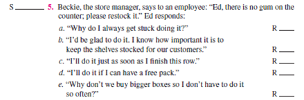 Below are 10 situations. For each situation: 1. Identify the sender's communication ego state as:    2. Place the letters CP, SP, NC, AC, or A on the S __________ to the left of each numbered situation. 3. Identify each of the five alternative receiver's ego states as in instruction 1 above. Place the letters CP, SP, NC, AC, or A on the R __________. 4. Select the best alternative to achieve effective communication and human relations. Circle the letter a, b, c, d, or e.                      Objective: To improve your ability to use transactional analysis. AACSB: The primary AACSB learning standard skills developed through this exercise are analytic skills and communication abilities. Preparation: You should have completed the preparation (10 situations) for this exercise. Select one option: 1. The instructor goes over the recommended answers to the 10 situations. 2. The instructor asks students for their answers to the situations, followed by giving the recommended answers. 3. Break into groups of two or three and together follow the three-step approach for two to three situations at a time, followed by the instructor's going over the recommended answers. Discuss the possible consequences of each alternative response in the situation. Would it help or hurt human relations and performance? How? Conclusion: The instructor leads a class discussion and ?or makes concluding remarks. Application: What have I learned from this experience? How will I use this knowledge in the future? Sharing: Volunteers give their answers to the application section.