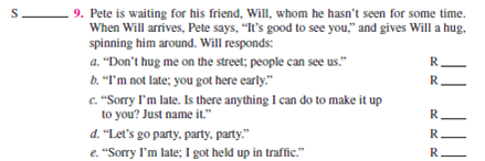 Below are 10 situations. For each situation: 1. Identify the sender's communication ego state as:    2. Place the letters CP, SP, NC, AC, or A on the S __________ to the left of each numbered situation. 3. Identify each of the five alternative receiver's ego states as in instruction 1 above. Place the letters CP, SP, NC, AC, or A on the R __________. 4. Select the best alternative to achieve effective communication and human relations. Circle the letter a, b, c, d, or e.                      Objective: To improve your ability to use transactional analysis. AACSB: The primary AACSB learning standard skills developed through this exercise are analytic skills and communication abilities. Preparation: You should have completed the preparation (10 situations) for this exercise. Select one option: 1. The instructor goes over the recommended answers to the 10 situations. 2. The instructor asks students for their answers to the situations, followed by giving the recommended answers. 3. Break into groups of two or three and together follow the three-step approach for two to three situations at a time, followed by the instructor's going over the recommended answers. Discuss the possible consequences of each alternative response in the situation. Would it help or hurt human relations and performance? How? Conclusion: The instructor leads a class discussion and ?or makes concluding remarks. Application: What have I learned from this experience? How will I use this knowledge in the future? Sharing: Volunteers give their answers to the application section.