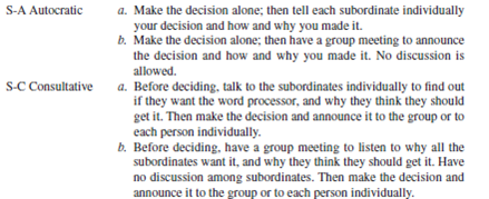 Objectives: To experience leadership in action. To identify the leadership style, and how using the appropriate versus inappropriate leadership style affects the organization. AACSB: The primary AACSB learning standard skills developed through this exercise are analytic and leadership skills. Preparation: All necessary material is below; no preparation is necessary. Break into groups and select the style (autocratic, consultative, participative, or laissezfaire) your group would use to make the following decision: You are an office manager with four subordinates who all do typing on outdated computers. You will be receiving a new computer to replace one of the outdated ones. ( Everyone knows about it because several salespeople have been in the office.) You must decide who gets the new computer. Below is some information about each subordinate. • Pat-He or she has been with the organization for 20 years, is 50 years old, and presently has a two-year-old computer. • Chris-He or she has been with the organization for 10 years, is 31 years old, and presently has a one-year-old computer. • Fran-He or she has been with the organization for five years, is 40 years old, and presently has a three-year-old computer. • Sandy-He or she has been with the organization for two years, is 23 years old, and presently has a five-year-old computer. Instructor selects one option: Option A: Continuum of Leadership Behavior Styles 1 through 7. See Exhibit 8.4 for definitions of these seven styles. Option B: Situational Supervisory Styles      1. Four volunteers from different groups go to the front of the class. Take out a sheet of 8 1?2 -by-11-inch paper and write the name of the person you are role-playing (in big, dark letters), fold it in half, and place it in view of the manager and class. While the managers are planning, turn to the end of this exercise and read your role and the roles of your colleagues. Try to put yourself in the person's position, and do and say what he or she actually would during the role play. No one but the typist should read this additional subordinate role information. 2. The instructor will tell each group which leadership style their manager will role-play; it may or may not be the one selected. 3. The group selects a manager to do the actual role play of making the decision; and the group plans who, what, when, where, how. The manager will perform the role play. No one should read the additional subordinate role information. One manager goes to the front of the class and conducts the leadership role play. The class members (other than the group being represented) vote for the style (1 to 7 or Tell a. b.; Sell a. b.; Participate a. b.; Delegate a.) they think the manager portrayed. Then the manager reveals the style. If several class members didn't vote for the style portrayed, a discussion can take place. Repeat procedures 3 and 4 until all managers have their turn or the time runs out. The class members individually determine the style they would use when making the decision. The class votes for the style the class would use in this situation. The instructor gives his or her recommendation and/or the author's. Conclusion: The instructor leads a class discussion and/or makes concluding remarks. Application (2-4 minutes): What did I learn from this experience? How will I apply this knowledge in the future? Sharing: Volunteers give their answers to the application section.  