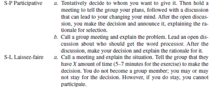 Objectives: To experience leadership in action. To identify the leadership style, and how using the appropriate versus inappropriate leadership style affects the organization. AACSB: The primary AACSB learning standard skills developed through this exercise are analytic and leadership skills. Preparation: All necessary material is below; no preparation is necessary. Break into groups and select the style (autocratic, consultative, participative, or laissezfaire) your group would use to make the following decision: You are an office manager with four subordinates who all do typing on outdated computers. You will be receiving a new computer to replace one of the outdated ones. ( Everyone knows about it because several salespeople have been in the office.) You must decide who gets the new computer. Below is some information about each subordinate. • Pat-He or she has been with the organization for 20 years, is 50 years old, and presently has a two-year-old computer. • Chris-He or she has been with the organization for 10 years, is 31 years old, and presently has a one-year-old computer. • Fran-He or she has been with the organization for five years, is 40 years old, and presently has a three-year-old computer. • Sandy-He or she has been with the organization for two years, is 23 years old, and presently has a five-year-old computer. Instructor selects one option: Option A: Continuum of Leadership Behavior Styles 1 through 7. See Exhibit 8.4 for definitions of these seven styles. Option B: Situational Supervisory Styles      1. Four volunteers from different groups go to the front of the class. Take out a sheet of 8 1?2 -by-11-inch paper and write the name of the person you are role-playing (in big, dark letters), fold it in half, and place it in view of the manager and class. While the managers are planning, turn to the end of this exercise and read your role and the roles of your colleagues. Try to put yourself in the person's position, and do and say what he or she actually would during the role play. No one but the typist should read this additional subordinate role information. 2. The instructor will tell each group which leadership style their manager will role-play; it may or may not be the one selected. 3. The group selects a manager to do the actual role play of making the decision; and the group plans who, what, when, where, how. The manager will perform the role play. No one should read the additional subordinate role information. One manager goes to the front of the class and conducts the leadership role play. The class members (other than the group being represented) vote for the style (1 to 7 or Tell a. b.; Sell a. b.; Participate a. b.; Delegate a.) they think the manager portrayed. Then the manager reveals the style. If several class members didn't vote for the style portrayed, a discussion can take place. Repeat procedures 3 and 4 until all managers have their turn or the time runs out. The class members individually determine the style they would use when making the decision. The class votes for the style the class would use in this situation. The instructor gives his or her recommendation and/or the author's. Conclusion: The instructor leads a class discussion and/or makes concluding remarks. Application (2-4 minutes): What did I learn from this experience? How will I apply this knowledge in the future? Sharing: Volunteers give their answers to the application section.  