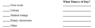 A popular method of determining organizational climate is a survey questionnaire. Below is a survey instrument developed by Dr. Roland E. Holstead, former chairperson of the Department of Social Sciences and Human Services at Springfield College, and adapted with his permission. Answer the questions as they apply to your college. Leave unanswered the questions that do not apply to you or your school.    5. In your experience, what academic departments offer some of the most worthwhile courses? __________________________________________________ __________________________________________________ __________________________________________________ 6. In your experience, what academic departments offer some of the least worthwhile courses? __________________________________________________ __________________________________________________ __________________________________________________ 7. A. How difficult are the following types of courses for you personally?    B. How challenging are the following types of courses for you personally?    C. How interesting are the following types of courses for you personally?    D. For Juniors and Seniors Only: Some courses are numbered for freshmen-sophomores, others for juniorsseniors, and others for seniors-graduate students. Would you agree that as the course number increases, the difficulty or demand on your performance also increases? In other words, are junior-senior courses generally harder than freshman-sophomore courses?    8. A. Where do you study most often?    B. How satisfied are you with your ability to study in each of the following places?    9. About how many hours a day, if any, do you spend at each activity? Completing assignments Reading Studying 10. About how many classes do you cut per week, if any?    Student Services  14. Which of the following services have you ever used, and how satisfied were you with them?      Social Life  15. In general, are you satisfied with the social life at your college?_________ 16. Are there enough social activities planned on campus during a typical week? __________ If not, what activities should be increased? __________________________________________________ __________________________________________________ __________________________________________________ 17. In which of the following social activities do you engage on a weekly basis, when available?    18. On what night(s) would you be most likely to attend a social/cultural event on the campus? 19. A. How often do you go home (if you are living away from home to go to college)?    B. For what reason(s) are you most likely to go home during a school term other than a holiday or term break? __________________________________________________ __________________________________________________ __________________________________________________ 20. What types of events would you like to see available on campus? __________________________________________________ __________________________________________________ __________________________________________________ 21. In which of the following activities do you participate?      Dorm Life (Skip questions 22-33 if you do not live in a dorm.)        B. Are there problems in your dorm not identified above? If yes, what are they? __________________________________________________ __________________________________________________ __________________________________________________ C. To whom did you report any of these problems?    Were you satisfied with the official response to the problem? 32. What are the best things about your dorm? __________________________________________________ __________________________________________________ __________________________________________________ 33. If you could change anything about your dorm, what would it be, and why? __________________________________________________ __________________________________________________ __________________________________________________ In what dorm do you live? ________________________ Do most of your college friends live in your dorm? _________ Objectives: To better understand organizational climate and the climate at your college. AACSB: The AACSB learning standard skills developed through this exercise are analytic skills, communication ability, and leadership. Preparation: You should have completed the preparation questionnaire. Experience: Your class will calculate its climate and discuss it. Tabulate the Class's Survey Responses  Option A: Break up into teams of five or six and tabulate team members' responses to each of the questions selected by your instructor. Each group reports its responses to the instructor, who tabulates the total responses for the entire class. He or she summarizes the results on the board. Option B: The instructor asks students to indicate their responses to selected questions by raising their hands. The instructor totals the responses to each question and writes them on the board. Discuss School Climate  1. Climate surveys are usually given to an entire organization or to a major unit. Can you assume that your class is representative of the entire college or university? Why or why not? 2. The survey questions were designed for Springfield College. What sections or individual questions should be changed or added to make the survey more reflective of the climate at your school? 3. Is your school's climate consistent with your needs (and with the needs of the student body as a whole)? 4. How does your school's climate affect your behavior and attitudes (and those of the student body)? 5. How does your school's climate affect your (and the student body's) performance and productivity? 6. Would conducting a climate survey of the entire student body be of value at your college or university? Why or why not? Conclusion: The instructor leads a class discussion and/or makes concluding remarks. Application (2-4 minutes): What did I learn from this experience? How will I use this knowledge in the future? Sharing: Volunteers give their answers to the application section.