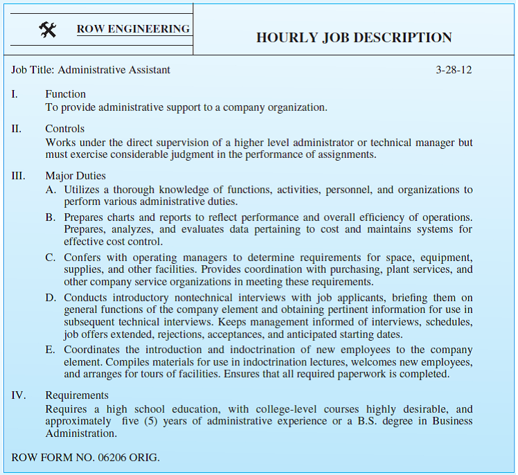 Objective  The exercise is designed to have the student use knowledge about selection and performance appraisal to design an appraisal system. Introduction Row Engineering (name disguised) is a major engineering contractor, supplying aerospace firms, NASA, and the military with sophisticated equipment designs. Because of their rapidly expanding business, Row executives have decided that a formal management information system (MIS) is needed. The MIS may be used to monitor progress on projects, limit employees' access to classified information, reduce unnecessary duplication across similar projects, and generally increase efficiency by ensuring that the proper managers and engineers receive timely and relevant information for decision making.  Row has four major design facilities scattered throughout the southern and eastern United States in areas where approximately 50 percent of all high school graduates are black. Engineers at the different facilities typically work on different projects. Thus, Row executives have decided that one MIS department should be established for each of the four facilities. While these will be linked by computer, each MIS department will have a great deal of autonomy.  Each MIS department will be made up of one administrator, seven administrative assistants, numerous technical personnel (for example, computer programmers), and clerical staff (for example, data entry personnel). The 28 administrative assistant positions will be key entry-level managerial positions. The administrative assistants will be responsible for securing and maintaining information for their assigned MIS area. Also, some may eventually be promoted to middle management positions in the future. Typical duties of an administrative assistant will include  A. Determining appropriate information needs from various projects for the MIS database. To do so requires cooperation with project engineers and managers as well as personnel from other departments.  B. Working with other MIS administrative assistants to develop standardized information reporting procedures. Such procedures facilitate the aggregation and comparison of specific types of information from different projects.  C. Creating and distributing instruction manuals outlining correct procedures for acquiring and reporting information for various departments. Sometimes administrative assistants will provide orientation sessions for company personnel.  D. Ensuring that necessary and timely information is supplied by each project or department, using standardized reporting procedures.  E. Supervising technical and clerical staff who are responsible for data input and retrieval.  F. Supervising technical staff who develop and purchase information software.  G. Maintaining project security by documenting computer analyses, ensuring that only authorized personnel receive relevant information, supervising clerical staff, and preventing unauthorized photocopying of specific types of information.  H. Supplying information, as requested, to project managers, specific departments, and contract monitors.  I. Documenting and supplying information to the fiscal services department regarding monthly time and computer-use expenditures for various projects. Fiscal services uses this information when comparing actual and estimated (budgeted) expenditures for projects and departments. Determining the MIS department's own budget needs.      J. About one year ago, the HR department conducted a formal job analysis of all existing administrative assistant positions throughout the corporation. From this analysis, a common job description was derived. This job description is reproduced above. Designing the Performance Appraisal System  Currently, all Row Engineering employees, including administrative assistants, are evaluated using a one-item 10-point global rating scale. Ratings of either Unsatisfactory (1) or Superior (10) must be accompanied with written documentation. In addition to the rating supervisor, the department head and the evaluated employee must sign the form, indicating that they have read the evaluation.     Recently, the HR manager has become concerned about the use of this type of rating scale. He has hired your human resource consulting firm to design a better performance appraisal system for the administrative assistant position with all the MIS departments.  Assignment: Write a three- to six-page report of this company describing and explaining your appraisal system. Your report should incorporate the following points:  A. Tactful explanation of the limitations of the present performance appraisal system.  B. Identification of the relevant dimensions (criteria) that should be measured in the new performance appraisal system. That is, how will the company distinguish the superior administrative assistants from those whose performance is merely adequate (or even inadequate) Assume that the provided job description is correct.  C. How will each dimension be measured  D. If you use some type of overall measure of performance, tell how you will measure it on a 100-point scale (100 = best). If you have several performance measures, tell how they will be combined into a composite criterion score. This composite score should be measured on a 100-point scale.  E. What weaknesses (if any) exist in your system How will these be overcome  A Learning Note This exercise encourages the student to consider the uses, strengths, and weaknesses of a performance appraisal system.