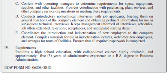 Objective  The exercise is designed to have the student use knowledge about selection and performance appraisal to design an appraisal system. Introduction  Row Engineering (name disguised) is a major engineering contractor, supplying aerospace firms, NASA, and the military with sophisticated equipment designs. Because of their rapidly expanding business, Row executives have decided that a formal management information system (MIS) is needed. The MIS may be used to monitor progress on projects, limit employees' access to classified information, reduce unnecessary duplication across similar projects, and generally increase efficiency by ensuring that the proper managers and engineers receive timely and relevant information for decision making. Row has four major design facilities scattered throughout the southern and eastern United States in areas where approximately 50 percent of all high school graduates are black. Engineers at the different facilities typically work on different projects. Thus, Row executives have decided that one MIS department should be established for each of the four facilities. While these will be linked by computer, each MIS department will have a great deal of autonomy. Each MIS department will be made up of one administrator, seven administrative assistants, numerous technical personnel (for example, computer programmers), and clerical staff (for example, data entry personnel). The 28 administrative assistant positions will be key entry-level managerial positions. The administrative assistants will be responsible for securing and maintaining information for their assigned MIS area. Also, some may eventually be promoted to middle management positions in the future. Typical duties of an administrative assistant will include A. Determining appropriate information needs from various projects for the MIS database. To do so requires cooperation with project engineers and managers as well as personnel from other departments. B. Working with other MIS administrative assistants to develop standardized information reporting procedures. Such procedures facilitate the aggregation and comparison of specific types of information from different projects. C. Creating and distributing instruction manuals outlining correct procedures for acquiring and reporting information for various departments. Sometimes administrative assistants will provide orientation sessions for company personnel. D. Ensuring that necessary and timely information is supplied by each project or department, using standardized reporting procedures. E. Supervising technical and clerical staff who are responsible for data input and retrieval. F. Supervising technical staff who develop and purchase information software. G. Maintaining project security by documenting computer analyses, ensuring that only authorized personnel receive relevant information, supervising clerical staff, and preventing unauthorized photocopying of specific types of information. H. Supplying information, as requested, to project managers, specific departments, and contract monitors. I. Documenting and supplying information to the fiscal services department regarding monthly time and computer-use expenditures for various projects. Fiscal services uses this information when comparing actual and estimated (budgeted) expenditures for projects and departments. Determining the MIS department's own budget needs. J. About one year ago, the HR department conducted a formal job analysis of all existing administrative assistant positions throughout the corporation. From this analysis, a common job description was derived. This job description is reproduced on page 281.         Designing the Performance Appraisal System  Currently, all Row Engineering employees, including administrative assistants, are evaluated using a one-item 10-point global rating scale. Ratings of either Unsatisfactory (1) or Superior (10) must be accompanied with written documentation. In addition to the rating supervisor, the department head and the evaluated employee must sign the form, indicating that they have read the evaluation.     Recently, the HR manager has become concerned about the use of this type of rating scale. He has hired your human resource consulting firm to design a better performance appraisal system for the administrative assistant position with all the MIS departments. Assignment: Write a three- to six-page report of this company describing and explaining your appraisal system. Your report should incorporate the following points; A. Tactful explanation of the limitations of the present performance appraisal system. B. Identification of the relevant dimensions (criteria) that should be measured in the new performance appraisal system. That is, how will the company distinguish the superior administrative assistants from those whose performance is merely adequate (or even inadequate)? Assume that the provided job description is correct. C. How will each dimension be measured? D. If you use some type of overall measure of performance, tell how you will measure it on a 100-point scale (100 = best). If you have several performance measures, tell how they will be combined into a composite criterion score. This composite score should be measured on a 100-point scale. E. What weaknesses (if any) exist in your system? How will these be overcome? A Learning Note  This exercise encourages the student to consider the uses, strengths, and weaknesses of a performance appraisal system.