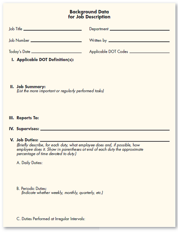 Each group should do a job analysis of the instructor's job: Half of the groups will use the Figure 1 job analysis questionnaire for this purpose, and half will use the Figure 2 job description questionnaire. Figure 1 Job Analysis Questionnaire for Developing Job Descriptions         Figure 2 Simple Job Description Questionnaire   