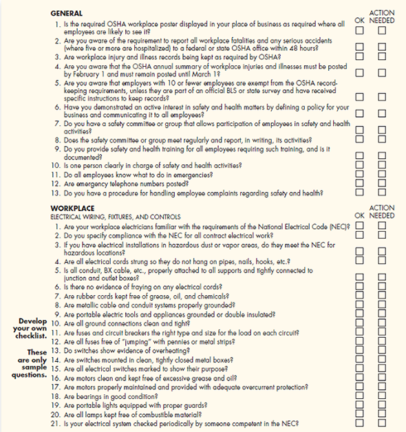 Carter Cleaning Company  The New Safety Program  Employees' safety and health are very important matters in the laundry and cleaning business. Each facility is a small production plant in which machines, powered by high-pressure steam and compressed air, work at high temperatures washing, cleaning, and pressing garments, often under very hot, slippery conditions. Chemical vapors are produced continually, and caustic chemicals are used in the cleaning process. High-temperature stills are almost continually cooking down cleaning solvents in order to remove impurities so that the solvents can be reused. If a mistake is made in this process-like injecting too much steam into the still-a boilover occurs, in which boiling chemical solvent erupts out of the still and over the floor, and on anyone who happens to be standing in its way. As a result of these hazards and the fact that chemically hazardous waste is continually produced in these stores, several government agencies (including OSHA and the Environmental Protection Agency) have instituted strict guidelines regarding the management of these plants. For example, posters have to be placed in each store notifying employees of their right to be told what hazardous chemicals they are dealing with and what the proper method for handling each chemical is. Special waste-management firms must be used to pick up and properly dispose of the hazardous waste. A chronic problem the Carters (and most other laundry owners) have is the unwillingness on the part of the cleaning/spotting workers to wear safety goggles. Not all the chemicals they use require safety goggles, but some-like the hydrofluoric acid used to remove rust stains from garments-are very dangerous. The latter is kept in special plastic containers, since it dissolves glass. The problem is that wearing safety goggles can be troublesome. They are somewhat uncomfortable, and they become smudged easily and thus cut down on visibility. As a result, Jack has always found it almost impossible to get these employees to wear their goggles. How should the firm go about identifying hazardous conditions that should be rectified? Use checklists such as those in Figures 1 and 2 to list at least 10 possible dry-cleaning store hazardous conditions. Figure 1 Checklist of Mechanical or Physical Accident-Causing Conditions      Figure 2 Self-Inspection Safety and Health Checklist                