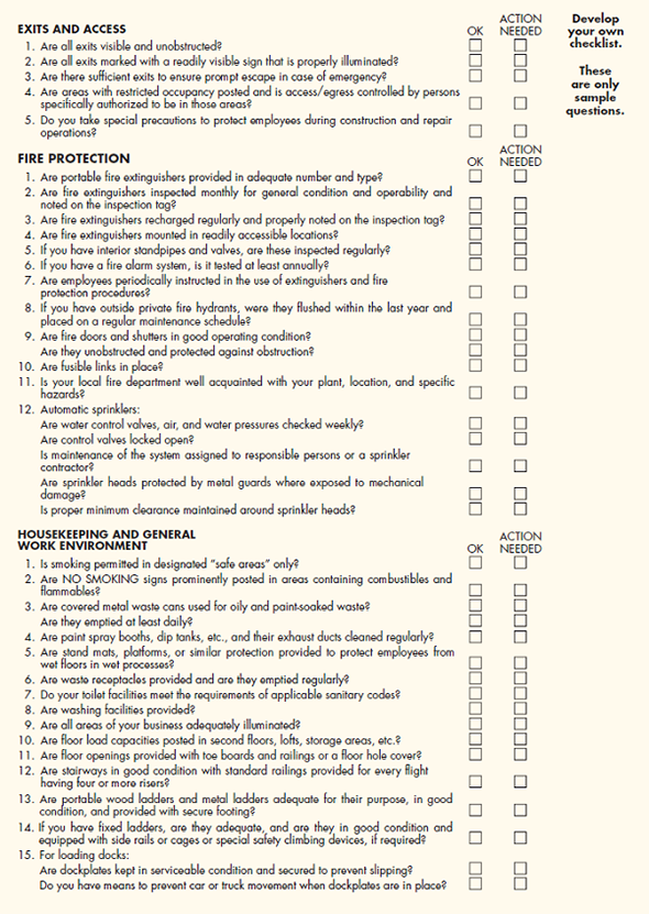 Carter Cleaning Company  The New Safety Program  Employees' safety and health are very important matters in the laundry and cleaning business. Each facility is a small production plant in which machines, powered by high-pressure steam and compressed air, work at high temperatures washing, cleaning, and pressing garments, often under very hot, slippery conditions. Chemical vapors are produced continually, and caustic chemicals are used in the cleaning process. High-temperature stills are almost continually cooking down cleaning solvents in order to remove impurities so that the solvents can be reused. If a mistake is made in this process-like injecting too much steam into the still-a boilover occurs, in which boiling chemical solvent erupts out of the still and over the floor, and on anyone who happens to be standing in its way. As a result of these hazards and the fact that chemically hazardous waste is continually produced in these stores, several government agencies (including OSHA and the Environmental Protection Agency) have instituted strict guidelines regarding the management of these plants. For example, posters have to be placed in each store notifying employees of their right to be told what hazardous chemicals they are dealing with and what the proper method for handling each chemical is. Special waste-management firms must be used to pick up and properly dispose of the hazardous waste. A chronic problem the Carters (and most other laundry owners) have is the unwillingness on the part of the cleaning/spotting workers to wear safety goggles. Not all the chemicals they use require safety goggles, but some-like the hydrofluoric acid used to remove rust stains from garments-are very dangerous. The latter is kept in special plastic containers, since it dissolves glass. The problem is that wearing safety goggles can be troublesome. They are somewhat uncomfortable, and they become smudged easily and thus cut down on visibility. As a result, Jack has always found it almost impossible to get these employees to wear their goggles. How should the firm go about identifying hazardous conditions that should be rectified? Use checklists such as those in Figures 1 and 2 to list at least 10 possible dry-cleaning store hazardous conditions. Figure 1 Checklist of Mechanical or Physical Accident-Causing Conditions      Figure 2 Self-Inspection Safety and Health Checklist                