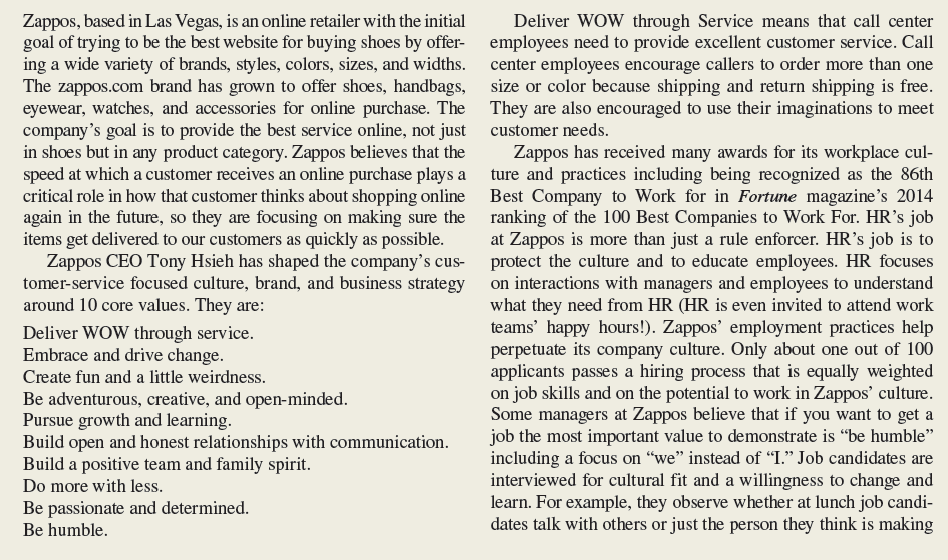 Zappos Faces Competitive Challenges             Which of Zappos' 10 core values do you believe that human resource practices can influence the most The least Why For each of the core values, identify the HR practices that are related to it. Explain how each of the HR practice(s) you identified is related to the core values.