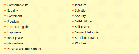 Study the list of personal values presented in Figure 1. Identify the five most important to you. Rank them from first to last. Beside each value, identify at least one product you have purchased to satisfy those values. Then, gather into small groups of three to five students. Using the information from your list of values, discuss differences among members of the group. Identify a way to send a marketing message that will appeal to the top value from each person's list. Figure 1. Personal Values   
