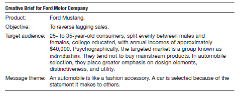 Creative Corner  Use the following creative brief for this exercise.     1. As an account executive for an advertising agency, discuss the creative brief in terms of the completeness of the information provided and whether the objective is realistic. What additional information should Ford provide before a creative can begin working on the account  2. The media planner for the Ford Mustang account suggests a media plan consisting of cable television, print advertising, Internet ads, and network advertising on Fox shows Family Guy, House, The Wanda Sykes Show, The Simpsons, and American Idol. Evaluate this media plan in light of the creative brief 's objectives. Can these shows reach the target audience What information does a creative and the account executive want from the media planner before starting work on actual commercials  3. From the viewpoint of the creative assigned to this account, do the creative brief and the media plan (see question 2) contain sufficient information to design a series of advertisements What, if any, additional information is necessary  4. Using the information provided in the creative brief, prepare a magazine advertisement. Which magazines might match the target audience