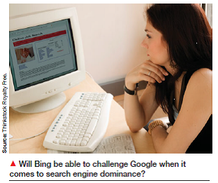 Every once in awhile, a product or a company's name becomes so famous it gets added to the national vocabulary. A generation ago, employees started making xerox copies. Before that, people started taking aspirins instead of pain medicine and covering wounds with band aids rather than adhesive strips. Today, it is common to hear someone say she googled something. The basic Google business model is to organize a vast amount of information into a system that can be easily accessed using the Web. Google provides information to users for free. The company sells advertising that is linked to the free information. One primary advantage held by Google is that the firm has been able to expand indexing and retrieval searches into nearly 100 languages. Using tools from Basis Technology, Google is able to offer searches in Asian languages as well as other challenging languages. The net result is a global company with a worldwide reach. The year 2004 was especially significant at Google. The company sold stock for the first time, raising $1.67 billion in capital. The stock price then soared. Many major firms have learned that advertising on a search engine like Google provides a targeted audience with profitable results. Naturally, advertising dollars are quick to follow, and in this case they moved to Google, the market leader in search engine use. One industry leader commented that Google has created almost a new world order in advertising. Google's management team remains acutely aware of competitors. Microsoft and Yahoo! are two main search engine providers that could affect Google's share. New competitors emerge every day. In June 2009, Microsoft introduced the search engine Bing in an effort to challenge Google. Bing replaced Microsoft's Live Search engine. It was started after more than a year of research showing that although users said they were generally satisfied with Web search services there were times when searches became too difficult. In the beginning, Bing received praise from many influential reviewers, increasing the possibility that it could shake up the dynamics of the search business, which is worth $12 billion in the United States alone.   In July 2009, Microsoft and Yahoo! announced a partnership in Internet search and advertising intended to build on the introduction of Bing and close the gap with Google; however, Google still held 65 percent of the search market, compared with 10 percent for Microsoft. Then, the competition with Google became more direct. Bing began running television commercials designed to indirectly hint that Google searches were too complicated, turning users into data-spewing zombies. Bing was offered as the easy-to-use alternative. Then, Microsoft CEO Steve Ballmer allegedly offered to pay Rupert Murdoch's News Corp. to remove all its content from Google. This would include content from The Wall Street Journal, the New York Post, and The Times of London. The idea was that if Web surfers could not find News Corp. content when they did a Google search, they would be more inclined to use Bing. There were reports that Microsoft offered the same deal to other publishers. News providers have long been frustrated that stories and materials they create are posted without the news company receiving any compensation, whereas Google and Bing are able to sell advertising right beside the stories. Google responded by saying any organization was free to pull content at any time, apparently unfazed by Bing and Microsoft's effort. Other search engines have also emerged. Still, Google's power in the marketplace makes company leaders optimistic about the future. Time will tell if Bing can make inroads on what is practically a cultural icon: Google. 1. What tactics should Microsoft and Bing use to gain market share 2. As an advertiser, does Bing hold an advantage due to lower clutter on the site, or does Google's wider reach offset that advantage 3. Which site would facilitate a faster search engine optimization effort Why 4. Which site, Google or Bing, would be most useful to an international company Why 5. Design an advertisement for Bing that would appear in a magazine. Which magazine would you use for the ad Why Sources: Heidi Gautschi, Search in Any Language, EContent 28, no. 5 (May 2005), p. 29; Google Is Standing on the Brink of Global Dominance, Marketing Week (April 28, 2005), p. 31; Thomas Claburn and Tony Kontzer, Google Wants a Piece of the Business Market, InformationWeek, no. 1040 (May 23, 2005), p. 29; Mathew Creamer and Kris Oser, Google Breaks Down and Decides to Advertise, Advertising Age 76, no. 18 (May 2, 2005), p. 3; Daniel Lyons, Google This: The Tech Giants Duke It Out-Again ( www.newsweek.com/id/224597/page/1 , accessed March 29, 2010), November 28, 2009; Microsoft Corporation ( http:// topics.nytimes.com/top/news/business/companies/microsoft_corporation/index.html scp=1 sq=bing%20versus%20google st=cse , accessed March 29, 2010).<div style=padding-top: 35px> 