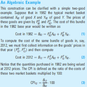 The Consumer Price Index and Its Biases One of the principal measures of inflation in the United States is provided by the Consumer Price Index (CPI), which is published monthly by the U.S. Department of Labor. To construct the CPI, the Bureau of Labor Statistics first defines a typical market basket of commodities purchased by consumers in a base year (1982 is the year currently used). Then data are collected every month about how much this market basket of commodities currently costs the consumer. The ratio of the current cost to the bundle's original cost (in 1982) is then published as the current value of the CPI. The rate of change in this index between two periods is reported to be the rate of inflation. The rate of inflation can be computed from this index. For example, if the same market basket of items that cost $100 in 1982 costs $230 in 2012, the value of the CPI would be 230 and we would say there had been a 130 percent increase in prices over this 30-year period. It might (probably incorrectly) be said that people would need a 130 percent increase in nominal 1982 income to enjoy the same standard of living in 2012 that they had in 1982. Cost-of-living adjustments (COLAs) in Social Security benefits and in many job agreements are calculated in precisely this way. Unfortunately, this approach poses a number of problems. Substitution Bias in the CPI One conceptual problem with the preceding calculation is that it assumes that people who are faced with year 2012 prices will continue to demand the same basket of commodities that they consumed in 1982. This treatment makes no allowance for substitutions among commodities in response to changing prices. The calculation may overstate the decline in purchasing power that inflation has caused because it takes no account of how people will seek to get the most utility for their incomes when prices change. In Figure 1, for example, a typical individual initially is consuming X 82 , Y 82. Presumably, this choice provides maximum utility (U1), given his or her budget constraint in 1982 (which we call I). Suppose that by 2012 relative prices have changed in such a way that good Y becomes relatively more expensive. This would make the budget constraint flatter than it was in 1982. Using these new prices, the CPI calculates what X 82 , Y 82 would cost. This cost would be reflected by the budget constraint I', which is flatter than I (to reflect the changed prices) and passes through the 1982 consumption point. As the figure makes clear, the erosion in purchasing power that has occurred is overstated. With I', this typical person could now reach a higher utility level than could have been attained in 1982. The CPI overstates the decline in purchasing power that has occurred. A true measure of inflation would be provided by evaluating an income level, say, I, which reflects the new prices but just permits the individual to remain on U 1. This would take account of the substitution in consumption that people might make in response to changing relative prices (they consume more X and less Y in moving along U 1 ). Unfortunately, adjusting the CPI to take such substitutions into account is a difficult task-primarily because the typical consumer's utility function cannot be measured accurately. New Product and Quality Bias The introduction of new or improved products introduces a similar bias in the CPI. New products usually experience sharp declines in prices and rapidly growing rates of acceptance by consumers (consider cell phones or DVDs, for example). If these goods are not included in the CPI market basket, a major source of welfare gain for consumers will have been omitted. Of course, the CPI market basket is updated every few years to permit new goods to be included. But that rate of revision is often insufficient for rapidly changing consumer markets. See Application 3.4: Valuing New Goods for one approach to how new goods might be valued. Adjusting the CPI for the improving quality poses similar difficulties. In many cases, the price of a specific consumer good will stay relatively constant from year to year, but more recent models of the good will be much better. For example, a good-quality laptop computer has had a price in the $500?$1,500 price range for many years. But this year's version is much more powerful than the models available, say, five or ten years ago. In effect, the price of a fixed-quality laptop has fallen dramatically, but this will not be apparent when the CPI shoppers are told to purchase a new laptop. Statisticians who compute the CPI have grappled with this problem for many years and have come up with a variety of ingenious solutions (including the use of hedonic price models-see Application 1A.1: How Does Zillow.com Do It?). Still, many economists believe that the CPI continues to miss many improvements in goods' quality. Outlet Bias Finally, the fact that the Bureau of Labor Statistics sends buyers to the same retail outlets each month may overstate inflation. Actual consumers tend to seek out temporary sales or other bargains. They shop where they can make their money go the farthest. In recent years, this has meant shopping at giant discount stores such as Sam's Club or Costco rather than at traditional outlets. The CPI as currently constructed does not take such price-reducing strategies into account. Consequences of the Biases Measuring all these biases and devising a better CPI to take them into account is no easy task. Indeed, because the CPI is so widely used as the measure of inflation, any change can become a very hot political controversy. Still, there is general agreement that the current CPI may overstate actual increases in the cost of living by as much as 0:75 percent to 1:0 percent per year.1 By some estimates, correction of the index could reduce projected federal spending by as much as a half trillion dollars over a 10-year period. Hence, some politicians have proposed caps on COLAs in government programs. These suggestions have been very controversial, and none has so far been enacted. In private contracts, however, the upward biases in the CPI are frequently recognized. Few private COLAs provide full offsets to inflation as measured by the CPI. There are many aspects of government policy where it is necessary to adjust for inflation. Some of these include (1) adjusting Social Security benefits, (2) changing cutoff points for income tax brackets, and (3) adjusting the values of inflation-protected bonds. How should the government choose a price index to make all of these adjustments? For example, many economists have suggested using a chained price index in which commodity bundles are changed every month to address substitution bias. According to some estimates this would reduce adjustments for inflation by about 0:25 percent per year. Would this be fair to elderly Social Security recipients who typically spend much more on (highly inflationary) medical care than do younger consumers?