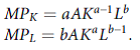 For the Cobb-Douglas production function in Problem 6.7, it can be shown (using calculus) that If the Cobb-Douglas exhibits constant returns to scale (a + b = 1), show that a. Both marginal productivities are diminishing. b. The RTS for this function is given by c. The function exhibits a diminishing RTS.