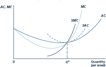 Give an intuitive explanation for the following questions about Figure : 1. Why does SAC exceed AC for every level of output except q*? 2. Why does SMC exceed MC for output levels greater than q*? 3. What would happen to this figure if the firm increased its short-run level of capital beyond K*? Figure Short-Run and Long-Run Average and Marginal Cost Curves at Optimal Output Level When long-run average cost is U-shaped and reaches a minimum at q*, SAC and SMC will also pass through this point. For increases in output above q*, short-run costs are higher than long-run costs.