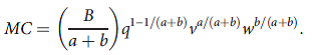 In Problem 6.7, we introduced the Cobb-Douglas production function of the form q = K a L b. The cost function that can be derived from this production function is Where B is a constant, and v and w are the costs of K and L, respectively. The marginal cost function is a. To understand these functions, suppose a = b = 0:5. Does this function exhibit constant returns to scale? What is the cost function now? Does the cost function exhibit economies or diseconomies of scale? How important are each of the input prices in this function? b. Now return to the Cobb-Douglas cost function in its more general form. Discuss the role of the exponent of q. How does the value of this exponent relate to the returns to scale exhibited by its underlying production function? How do the returns to scale in the production function affect the shape of the firm's total cost curve? c. Refer to problem 7.6d for a definition of S, a measure of the degree of economies of scale. Compute S for the general Cobb-Douglas form. Relate S to the exponent on q in the cost function and the returns to scale found in the previous part of this question. d. Discuss how the relative sizes of a and b affect this cost function. Explain how the sizes of these exponents affect the extent to which the total cost function is shifted by changes in each of the input prices. e. Taking natural logarithms of the Cobb-Douglas cost function yields Why might this form of the function be especially useful? What do the coefficients of the log terms in the function tell you? f. The cost function in part d can be generalized by adding more terms. This new function is called the Translog Cost Function, and it is used in much empirical research. A nice introduction to the function is provided by the Christenson and Greene paper on electric power generation references in Table 1 of Application 7.3. The paper also contains an estimate of the Cobb-Douglas cost function that is of the general form given in part d. Can you find this in the paper?