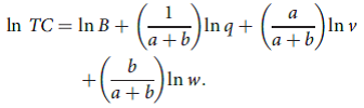 In Problem 6.7, we introduced the Cobb-Douglas production function of the form q = K a L b. The cost function that can be derived from this production function is Where B is a constant, and v and w are the costs of K and L, respectively. The marginal cost function is a. To understand these functions, suppose a = b = 0:5. Does this function exhibit constant returns to scale? What is the cost function now? Does the cost function exhibit economies or diseconomies of scale? How important are each of the input prices in this function? b. Now return to the Cobb-Douglas cost function in its more general form. Discuss the role of the exponent of q. How does the value of this exponent relate to the returns to scale exhibited by its underlying production function? How do the returns to scale in the production function affect the shape of the firm's total cost curve? c. Refer to problem 7.6d for a definition of S, a measure of the degree of economies of scale. Compute S for the general Cobb-Douglas form. Relate S to the exponent on q in the cost function and the returns to scale found in the previous part of this question. d. Discuss how the relative sizes of a and b affect this cost function. Explain how the sizes of these exponents affect the extent to which the total cost function is shifted by changes in each of the input prices. e. Taking natural logarithms of the Cobb-Douglas cost function yields Why might this form of the function be especially useful? What do the coefficients of the log terms in the function tell you? f. The cost function in part d can be generalized by adding more terms. This new function is called the Translog Cost Function, and it is used in much empirical research. A nice introduction to the function is provided by the Christenson and Greene paper on electric power generation references in Table 1 of Application 7.3. The paper also contains an estimate of the Cobb-Douglas cost function that is of the general form given in part d. Can you find this in the paper?