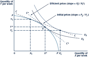 In Chapter 9 we showed how a shift in demand could be analyzed using a model of a single market. How would you illustrate an increase in the demand for good X in the general equilibrium model pictured in Figure? Why would such a shift in preferences cause the relative price of X to rise? What would happen to the market for good Y in this case? Should your discusssion here be thought of as ''short-run'' or ''long-run'' analysis? With an arbitrary initial price ratio, firms will produce X1, Y1; the economy's budget constraint will be given by line CC. With this budget constraint, individuals demand X01 , Y1, that is, there is an excess demand for good X (X01_ X1) and an excess supply of good Y (Y1 _ Y01 ). The workings of the market will move these prices toward their equilibrium levels P_X ,P_Y. At those prices, society's budget constraint will be given by the line C*C*, and supply and demand will be in equilibrium. The combination X*, Y* of goods will be chosen, and this allocation is efficient.