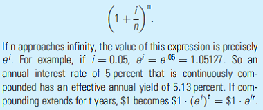 Continuous Compounding Perhaps surprisingly, the mathematics involved with continuous compounding (that is, compounding that occurs every instant of time) is really quite simple. A familiarity with continuous compounding can allow you to make very good approximations to interest calculations that would otherwise be very cumbersome. The Amazing e One of the most important constants1 in mathematics is the number e, which takes a value of approximately 2.718281828. The mathematician Euler discovered the constant in 1727, thereby explaining why this letter was chosen. The constant seems to turn up everywhere in mathematics. For us, the most important property of e is that it is used in continuous compounding. Consider an annual interest rate of i that will be compounded n times in one year. The result of this compounding will be The Rule of 70 A simple application of continuous compounding is to provide a rule of thumb for calculating doubling time for any given interest rate. To find the time anything doubles we wish to solve the equation Taking natural logarithms yields If we approximate 0:6913 as 0.7, this is the rule of 70. To find any doubling time, just divide the interest rate into 0.70. For example, anything growing at 5 percent per year will double in about 14 (= 0.7/0.05) years. Growth Rates of Products and Ratios When economic magnitudes follow exponential growth rates, calculations combining two or more series can be especially simple. For example, suppose we have two series, x and y growing at rates of r 1 and r 2 respectively. Then the product x · y is growing like That is, the product of the two variables is growing at a rate that equals the sum of the individual growth rates. If, for example, real GDP is growing at 3 percent per year and inflation is 2 percent per year, nominal GDP is growing at 5 percent per year. A similar result works for growth rates in the ratio of two variables. That is, the ratio of two variables grows at a rate that equals the difference in their growth rates. For example, if real GDP is growing at 3 percent per year and population growth is 1 percent per year, per capita GDP is growing at 2 percent per year. Discounting With continuous compounding, the appropriate discount factor is e?it , which plays the same role that does in discrete discounting. Any continuous stream of payments can be discounted to the present day by using this factor. As a simple example, the value of payments of $1 per year for 25 years discounted at an interest rate of 5 percent is given by The U.S. consumer price index was 152 in 1995 and 233 in 2013. How would you use continuous compounding formulas to calculate the annual rate of change during this 18-year period?