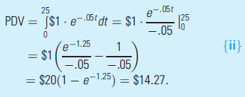 Continuous Compounding Perhaps surprisingly, the mathematics involved with continuous compounding (that is, compounding that occurs every instant of time) is really quite simple. A familiarity with continuous compounding can allow you to make very good approximations to interest calculations that would otherwise be very cumbersome. The Amazing e One of the most important constants1 in mathematics is the number e, which takes a value of approximately 2.718281828. The mathematician Euler discovered the constant in 1727, thereby explaining why this letter was chosen. The constant seems to turn up everywhere in mathematics. For us, the most important property of e is that it is used in continuous compounding. Consider an annual interest rate of i that will be compounded n times in one year. The result of this compounding will be The Rule of 70 A simple application of continuous compounding is to provide a rule of thumb for calculating doubling time for any given interest rate. To find the time anything doubles we wish to solve the equation Taking natural logarithms yields If we approximate 0:6913 as 0.7, this is the rule of 70. To find any doubling time, just divide the interest rate into 0.70. For example, anything growing at 5 percent per year will double in about 14 (= 0.7/0.05) years. Growth Rates of Products and Ratios When economic magnitudes follow exponential growth rates, calculations combining two or more series can be especially simple. For example, suppose we have two series, x and y growing at rates of r 1 and r 2 respectively. Then the product x · y is growing like That is, the product of the two variables is growing at a rate that equals the sum of the individual growth rates. If, for example, real GDP is growing at 3 percent per year and inflation is 2 percent per year, nominal GDP is growing at 5 percent per year. A similar result works for growth rates in the ratio of two variables. That is, the ratio of two variables grows at a rate that equals the difference in their growth rates. For example, if real GDP is growing at 3 percent per year and population growth is 1 percent per year, per capita GDP is growing at 2 percent per year. Discounting With continuous compounding, the appropriate discount factor is e?it , which plays the same role that does in discrete discounting. Any continuous stream of payments can be discounted to the present day by using this factor. As a simple example, the value of payments of $1 per year for 25 years discounted at an interest rate of 5 percent is given by The U.S. consumer price index was 152 in 1995 and 233 in 2013. How would you use continuous compounding formulas to calculate the annual rate of change during this 18-year period?