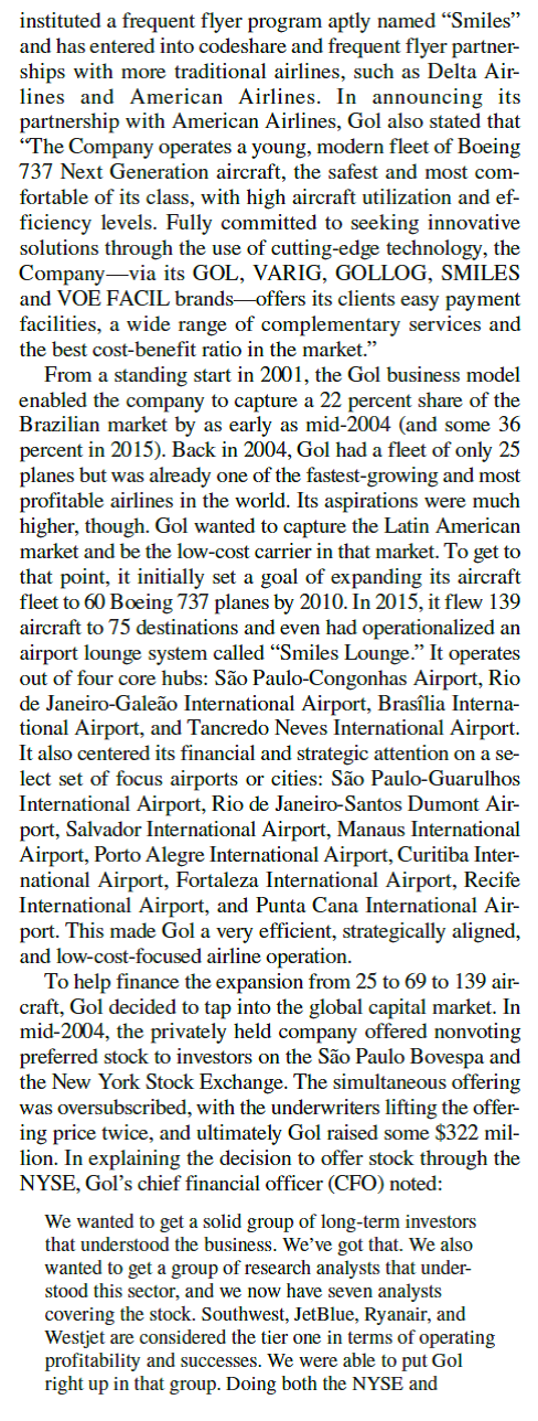 Brazil's Gol Airlines             By some measures, the financial windfall that Gol saw from its beginnings in 2001 to 2004 was not realized at the same rate from 2004 to 2015. Is that cause for concern, or is the 36 market share in Brazil competitive moving forward What should Gol do to increase its share in Brazil, Latin America, and perhaps even worldwide Should it place a stronger focus on the U.S. market