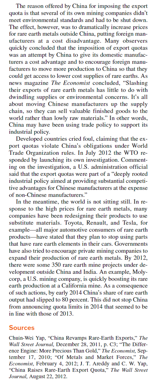 China Limits Exports of Rare Earth Metals             The restrictions imposed by China on rare earth metals has resulted in some companies (e.g., Toyota, Renault, Tesla) starting to look for alternatives. They plan to use parts that do not include rare earth metals. Is this a good solution