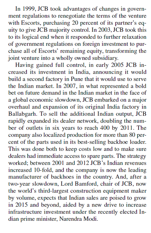 JCB Pins Hopes on the Indian Market             In India, JCB decided to enter via a joint venture. What was the articulated rational for this In what other ways might the joint venture strategy have benefited JCB