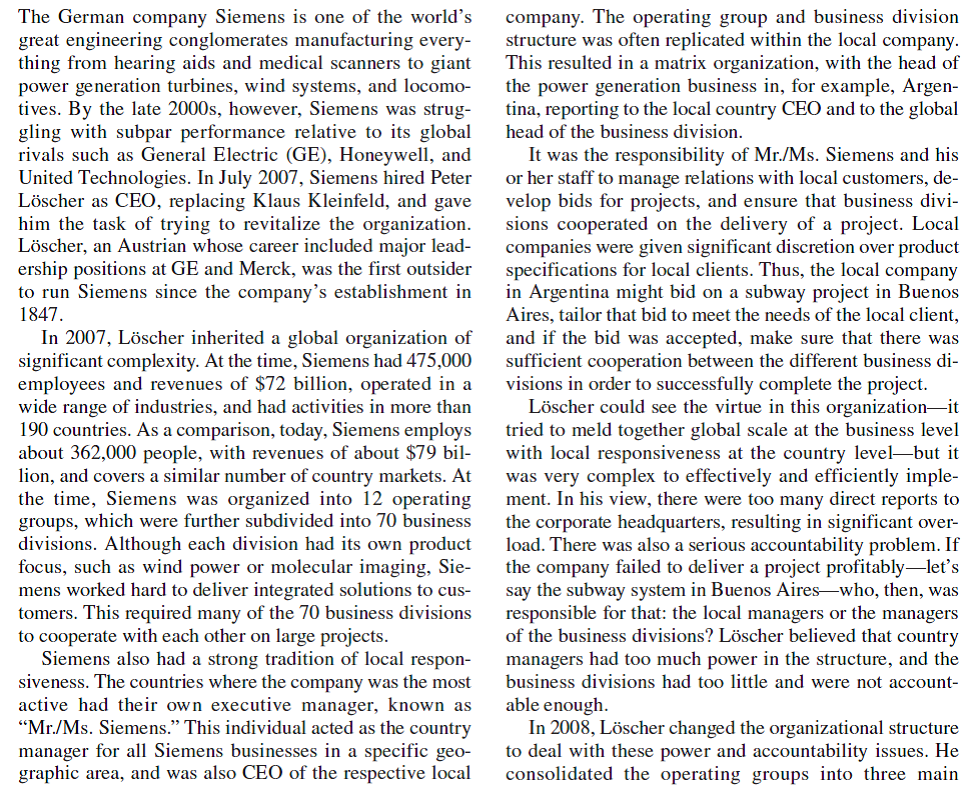 Organizing Siemens for Global Competitiveness             Does the power and accountability initiative imply that Siemens will now ignore national and regional differences