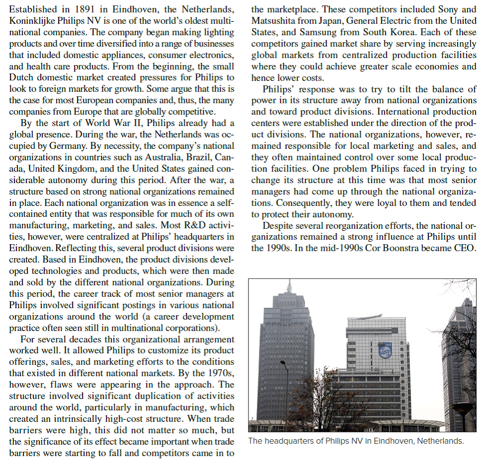 Koninklijke Philips NV              What was Philips trying to achieve by tilting the balance of power in its structure away from national organizations and toward the product divisions Why was this hard to achieve