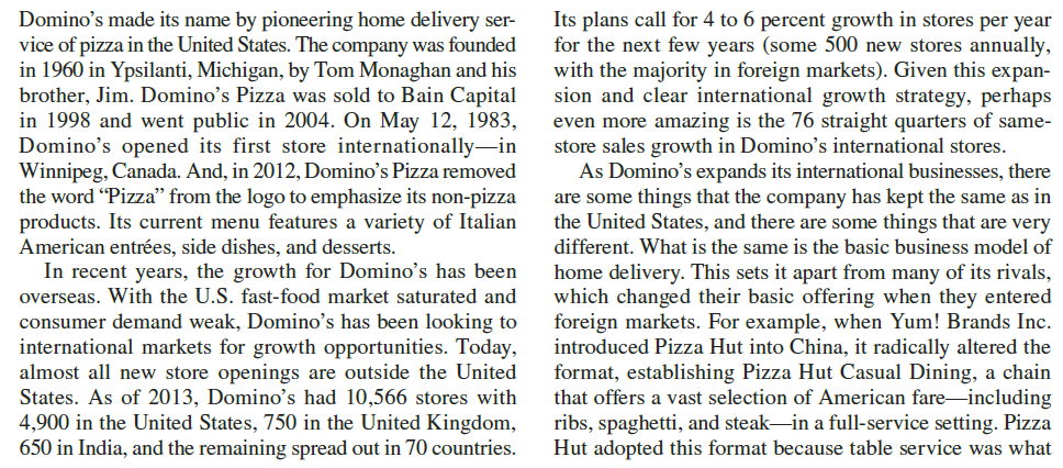 Domino's Worldwide       Is Taking a Bite Out of India, Getting More Awesome, www.gettingmoreawesome. com/2012/02/08/how-dominos-is-taking-a-bite-out-of-india; D. Buss, Domino's Global Growth Feeds Pizza Chain's Rising Success, Forbes , March 9, 2013. What lessons can we draw from the Domino's case study that might be useful for other international businesses selling consumer goods<div style=padding-top: 35px> 