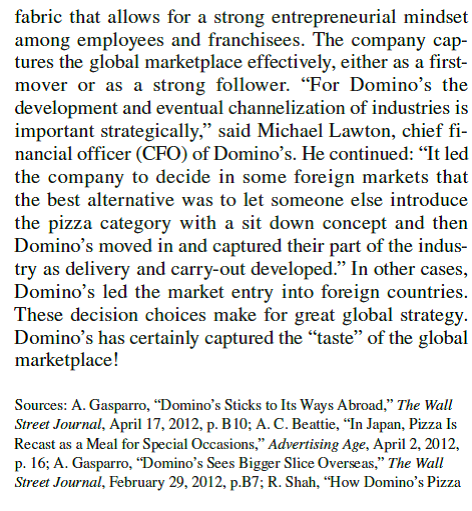 Domino's Worldwide       Is Taking a Bite Out of India, Getting More Awesome, www.gettingmoreawesome. com/2012/02/08/how-dominos-is-taking-a-bite-out-of-india; D. Buss, Domino's Global Growth Feeds Pizza Chain's Rising Success, Forbes , March 9, 2013. What lessons can we draw from the Domino's case study that might be useful for other international businesses selling consumer goods<div style=padding-top: 35px> 