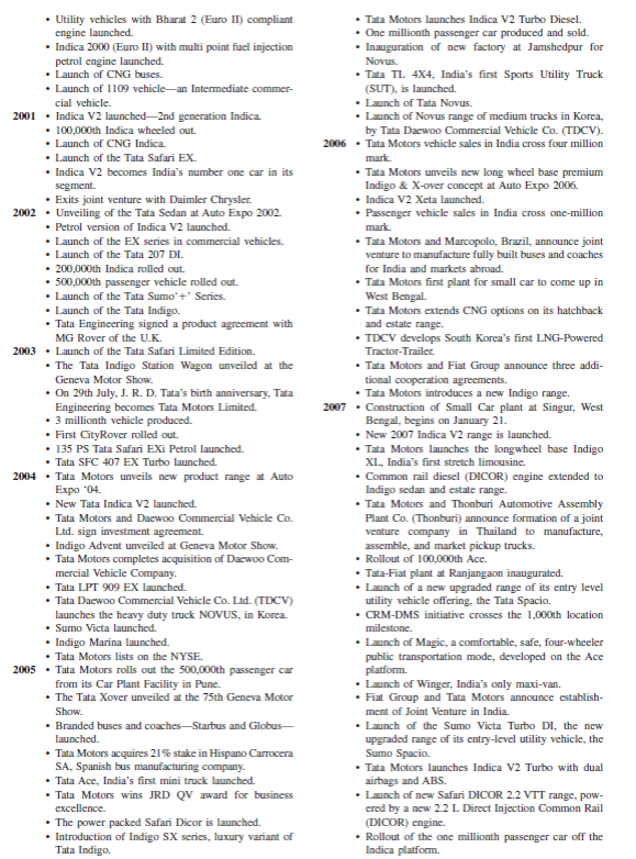 Tata Nano: The People's Car  Nano, India's first People's car, may soon earn a place in history alongside Ford's Model T, Volkswagen's Beetle, and the British Motor Corp.'s Mini, all of which made automotive travel within reach of millions of customers who had previously been locked out of the car market.In January 2008 during India's main auto show in New Delhi, Tata Motors introduced to the Indian public its ultra-cheap car Nano that was expected to retail for as little as the equivalent of $2,500, or about the price of the optional DVD player on the Lexus LX 470 sport utility vehicle.This event had driven unprecedented public attention, since Tata's new vehicle was projected to revolutionize the auto industry. The emergence of Tata Motors on the global auto scene marks the advent of India as a global center for small-car production and represents a victory for those who advocate making cheap goods for potential customers at the bottom of the pyramid in emerging markets.Most of all, the car could give millions of people now relegated to lesser means of transportation the chance to drive cars.In India, there were fewer than 10 cars for every thousand people in 2007, compared with 40 per thousand in China, and 450 in the U.S.Far more middle-class Indians bought and transported their entire families on scooters. According to some analysts, Tata Motor's Chairman Ratan Tata hopes to use the Nano to become the Henry Ford of emerging India, in part, by offering a car at a fraction of the price of rival products.The company is gambling that its tiny price tag will make it appealing to Indians who now drive motorcycles and scooters. While India's population is more than 1 billion people, only around 1 million passenger cars were sold in the country in 2007, one-tenth as many as in China.By contrast, more than 7 million motorcycles and scooters were sold.Mr.Tata said the tiny car is aimed at keeping the families of India's growing middle class from having to travel with as many as four people on a scooter. Speaking at the unveiling ceremony at the 9th Auto Expo in New Delhi, Ratan Tata said, I observed families riding on two-wheelers-the father driving the scooter, his young kid standing in front of him, his wife seated behind him holding a little baby.It led me to wonder whether one could conceive of a safe, affordable, all-weather form of transport for such a family.Tata Motors' engineers and designers gave their all for about four years to realize this goal.Today, we indeed have a People's Car, which is affordable and yet built to meet safety requirements and emission norms, to be fuel efficient and low on emissions.We are happy to present the People's Car to India and we hope it brings the joy, pride and utility of owning a car to many families who need personal mobility. Middle-class household incomes in India start at roughly $6,000 a year, so a $3,000 car is the kind of innovation that could create millions of new drivers.Eight million Indians currently own cars, according to the Mumbai-based credit-rating agency Crisil.Another 18 million have the means to buy one.However, the Nano could increase that pool of potential auto owners by as much as 65 percent, to 30 million.This goes beyond economics and class, says Ravi Kant, managing director of Tata Motors.This crosses the urban-rural divide.Now a car is within the reach of people who never imagined they would own a car.It's a triumph for our company.And for India. Designed with a Family in Mind  Though Nano's design triggered different comments from the public-some people called it handsome; others called it egg shaped-overall Tata Motors was very proud of the design, which was developed with a family in mind.From Tata's perspective the new Nano addresses several key characteristics that Indian families would prize in a car: low price, adequate comfort, fuel-efficiency, and safety. According to Tata, Nano has a roomy passenger compartment with generous leg space and head room, and it can comfortably seat four persons.Four doors with high seating position make ingress and egress easy.With a snub nose and a sloping roof, the world's cheapest car can hold five people-if they squeeze.Nano's dimensions are as follows: length of 3.1 meters, width of 1.5 meters, and height of 1.6 meters.Tata suggests these compact dimensions should allow the car to effortlessly maneuver on busy roads in cities as well as in rural areas.Its mono-volume design, with wheels at the corners and the power train at the rear, enables it to combine both space and maneuverability.At 10 feet long, the Nano is about 2 feet shorter than a Mini Cooper. The car is available in both standard and deluxe versions.According to the company, both versions offer a wide range of body colors and other accessories so that the car can be customized to an individual's preferences.But reviewers called the basic version spare: There's no radio, no air bags, no passenger-side mirror, and only one windshield wiper.If you want air conditioning to cope with India's brutal summers, you need to get the deluxe version. According to the company, Nano has a fuel-efficient engine powered by the lean design strategy that has helped minimize weight, maximize performance per unit of energy consumed, and deliver higher fuel efficiency.The final design stands at 1,322 pounds, 528 pounds lighter than the flyweight Honda Insight.To power it, the engineers settled on a 33-horsepower, 623-cc, two-cylinder engine housed in the rear; to service it, the mechanic must remove a set of bolts in the 5.4-cubic-foot trunk.The payoff: an uncommonly efficient 47 miles per gallon running at top speed (65 mph).But that doesn't mean Nano owners won't spend a lot of time pumping gas-the minuscule tank holds just 3.9 gallons. According to the company, the People's Car's safety performance exceeds current Indian regulatory requirements.With an all-sheet-metal body, it has a strong passenger compartment, with safety features such as crumple zones, intrusion-resistant doors, seat belts, strong seats and anchorages, and the rear tailgate glass bonded to the body.Tubeless tires further enhance safety.Tata also placed emphasis on environmental friendliness.According to a corporate press release the People's Car's tailpipe emission performance exceeds regulatory requirements.In terms of overall pollutants, it has a lower pollution level than two-wheelers being manufactured in India today. About Tata Motors  Tata Motors is a part of the Tata Group.The Tata Group is considered the General Electric of India, a sprawling conglomerate with a commanding presence in media, telecom, outsourcing, retailing, and real estate.Started in 1868 as a textile wholesaler, the company branched out into luxury hotels after, as legend has it, founder Jamsetji Tata was turned away from a posh establishment because of his skin color.In 1945, a few years before the British left India, Tata created Tata Motors and started producing locomotives and, eventually, autos.In 1998, Tata Motors introduced the country's first indigenously designed car.The homegrown Indica, which now sells for around $6,000, became ubiquitous as a taxi. Meanwhile, the Tata Group has been expanding globally.It bought the tea company Tetley in 2000 and acquired Anglo-Dutch steel giant Corus in 2007.It maintains Tata Consultancy Services offices in 54 countries and owns hotels in Boston, New York, and San Francisco.In March 2008, Tata Motors bought Jaguar and Land Rover from the financially strangled Ford Motors. Tata Motors listed on the New York Stock Exchange in 2004.After thousands of changes, in the quarter ending December 2006 Tata earned $116 million on revenue of $1.55 billion.Annual revenue grew to $5.2 billion for the fiscal year ending in March 2006.Now Tata Motors Limited is India's largest automobile company, with consolidated revenues of Rs.70,938.85 crores (US$14 billion) in 2008-2009.It is the leader in commercial vehicles in each segment, and among the top three in passenger vehicles with winning products in the compact, midsize car, and utility vehicle segments.The company is the world's fourth largest truck manufacturer, and the world's second largest bus manufacturer.The company's 24,000 employees are guided by the vision to be best in the manner in which we operate, best in the products we deliver, and best in our value system and ethics. Established in 1945, Tata Motors' presence cuts across the length and breadth of India.Over 4 million Tata vehicles ply on Indian roads, since they first rolled out in 1954.The company's manufacturing base in India is spread across Jamshedpur (Jharkhand), Pune (Maharashtra), Lucknow (Uttar Pradesh), Pantnagar (Uttarakhand), and Dharwad (Karnataka).Following a strategic alliance with Fiat in 2005, it has set up an industrial joint venture with Fiat Group Automobiles at Ranjangaon (Maharashtra) to produce both Fiat and Tata cars and Fiat powertrains.The company is establishing a new plant at Sanand (Gujarat).The company's dealership, sales, services, and spare parts network comprises over 3,500 touch points; Tata Motors also distributes and markets Fiat branded cars in India. Tata Motors has also emerged as an international automobile company.Through subsidiaries and associate companies, Tata Motors has operations in the U.K., South Korea, Thailand, and Spain.Among them is Jaguar Land Rover, a business comprising the two iconic British brands that was acquired in 2008.In 2004, it acquired the Daewoo Commercial Vehicles Company, South Korea's second largest truck maker.The rechristened Tata Daewoo Commercial Vehicles Company has launched several new products in the Korean market, while also exporting these products to several international markets.Today two-thirds of heavy commercial vehicle exports out of South Korea are from Tata Daewoo. In 2005, Tata Motors acquired a 21 percent stake in Hispano Carrocera, a well regarded Spanish bus and coach manufacturer, and subsequently the remaining stake in 2009.Hispano's presence is being expanded in other markets.In 2006, Tata Motors formed a joint venture with the Brazil-based Marcopolo, a global leader in body building for buses and coaches, to manufacture fully built buses and coaches for India and select international markets.In 2006, Tata Motors entered into joint venture with Thonburi Automotive Assembly Plant Company of Thailand to manufacture and market the company's pickup vehicles in Thailand.The new plant of Tata Motors (Thailand) has begun production of the Xenon pickup truck, with the Xenon having been launched in Thailand in 2008. Tata Motors is also expanding its international footprint, established through exports since 1961.The company's commercial and passenger vehicles are already being marketed in several countries in Europe, Africa, the Middle East, South East Asia, South Asia, and South America.It has franchisee/joint venture assembly operations in Kenya, Bangladesh, Ukraine, Russia, Senegal, and South Africa.Through its subsidiaries, the company is engaged in engineering and automotive solutions, construction equipment manufacturing, automotive vehicle components manufacturing and supply chain activities, machine tools and factory automation solutions, high-precision tooling and plastic and electronic components for automotive and computer applications, and automotive retailing and service operations. The foundation of the company's growth over the last 50 years is a deep understanding of economic stimuli and customer needs, and the ability to translate them into customer-desired offerings through leading-edge R D.With over 3,000 engineers and scientists, the company's Engineering Research Centre, established in 1966, has enabled pioneering technologies and products.The company today has R D centers in Pune, Jamshedpur, Lucknow, Dharwad in India, and in South Korea, Spain, and the U.K.It was Tata Motors which developed the first indigenously developed Light Commercial Vehicle, India's first Sports Utility Vehicle, and, in 1998, the Tata Indica, India's first fully indigenous passenger car.Within two years of launch, Tata Indica became India's largest selling car in its segment.In 2005, Tata Motors created a new segment by launching the Tata Ace, India's first indigenously developed mini-truck.In January 2008, Tata Motors unveiled its People's Car, the Tata Nano, which was launched in India in March 2009. Tata Motors is equally focused on environment-friendly technologies in emissions and alternative fuels.It has developed electric and hybrid vehicles both for personal and public transportation.It has also been implementing several environment-friendly technologies in manufacturing processes, significantly enhancing resource conservation. Tata Motors is committed to improving the quality of life of communities by working on four thrust areas: employability, education, health, and environment.The firm's activities touch the lives of more than a million citizens.Its support for education and employability is focused on youth and women, ranging from schools to technical education institutes, to actual facilitation of income generation.In health, Tata's intervention is in both preventive and curative health care.The goal of environment protection is achieved through tree plantations, conserving water and creating new water bodies, and, last but not least, introducing appropriate technologies in Tata vehicles and operations for constantly enhancing environment care. Tata Motors Milestones  It has been a long and accelerating journey for Tata Motors until it became India's leading automobile manufacturer.Here are some significant milestones in the company's journey toward excellence and leadership:             Secrets behind the Low Price  How could Tata Motors make a car so inexpensively? It started by looking at everything from scratch, applying what some analysts have described as Gandhian engineering principles-deep frugality with a willingness to challenge conventional wisdom.A lot of features that Western consumers take for granted-air conditioning, power brakes, radios, etc.-are missing from the entry-level model. In order to succeed with building a low-cost affordable car, Tata Motors began by studying and trying to understand the customer.What do the customers need? What do they really want? What can they afford? The customer was ever-present in the development of the Nano.Tata didn't set the price of the Nano by calculating the cost of production and then adding a margin.Rather it set $2,500 as the price that it thought customers could pay and then worked backward, with the help of partners willing to take on a challenge, to build a $2,500 car that would reward all involved with a small profit. More fundamentally, the engineers worked to do more with less.Tata has been able to slash the price by asking his engineers and suppliers to redesign the many components to cut costs.The speedometer, for example, is in the center of the dashboard over the air vents, not behind the steering wheel, so the dashboard can be build with fewer parts.To save $10, Tata engineers redesigned the suspension to eliminate actuators in the headlights, the levelers that adjust the angle of the beam depending on how the car is loaded, according to Mr.Chaturvedi of Lumax.In lieu of the solid steel beam that typically connects steering wheels to axles, one supplier, Sona Koyo Steering Systems, used a hollow tube, said Kiran Deshmukh, the chief operating officer of the company, which is based in Delhi. Also, Nano is smaller in overall dimensions than the Suzuki Maruti, a similar but higher priced low-cost competitor assembled in India, but it offers about 20 percent more seating capacity as a result of design choices such as putting the wheels at the extreme edges of the car.The Nano is also much lighter than comparable models as a result of a reduction in the amount of steel in the car (including the use of an aluminum engine) and the use of lightweight steel where possible. However, Nano engineers and partners didn't simply strip features out of an existing car to create a new low-cost model, which most other manufacturers have done when making affordable cars.Instead, they looked at their target customers' lives for cost-cutting ideas.So, for instance, the Nano has a smaller engine than other cars because more horsepower would be wasted in India's jam-packed cities, where the average speed is 10 to 20 miles per hour.The car currently meets all Indian emission, pollution, and safety standards, although it only attains a maximum speed of about 65 mph.The fuel efficiency is also attractive to economy-driven consumers-nearly 50 miles to the gallon. Nano ultimately became a triumph of creativity and innovation.For example, Tata Motors has filed for 34 patents associated with the design of the Nano, although some suggest that measuring progress solely by patent creation misses a key dimension of innovation.Some of the most valuable innovations take existing, patented components and remix them in ways that more effectively serve the needs of large numbers of customers.The most innovative aspect of the Nano is its modular design.The Nano is constructed of components that can be built and shipped separately to be assembled in a variety of locations.In effect, the Nano is being sold in kits that are distributed, assembled, and serviced by local entrepreneurs. As Ratan Tata, chairman of the Tata group of companies, observed in an interview with The Times of London: A bunch of entrepreneurs could establish an assembly operation and Tata Motors would train their people, would oversee their quality assurance and they would become satellite assembly operations for us.So we would create entrepreneurs across the country that would produce the car.We would produce the mass items and ship it to them as kits.That is my idea of dispersing wealth.The service person would be like an insurance agent who would be trained, have a cell phone and scooter and would be assigned to a set of customers. This is part of a broader pattern of innovation emerging in India in a variety of markets, ranging from diesel engines and agricultural products to financial services.In fact, Tata envisions going even further, providing the tools for local mechanics to assemble the car in existing auto shops or even in new garages created to cater to remote rural customers. Struggling with a Production Site  In spite of Tata's great commitment to meet the transportation needs of the poor Indian population and its pledge that the price of the car would not exceed $2,500 equivalent, the company experienced a major challenge due to unexpected problems at Tata's proposed manufacturing plant in Singur, in the eastern state of West Bengal, India, that could have stopped the whole Nano project right at the start. In May 2006 Tata Motors announced that it would be manufacturing Nano in Singur, West Bengal, India.Tata made plans to acquire the land and build the plant for the sole purpose of producing the Nano.The entire project, including the purchase of more than 600 acres of land, reportedly cost Tata Motors upwards of $350 million. The problems began immediately following Tata's purchase of the property from the West Bengal government.Prior to the purchase, the government didn't actually own the land, but acquired it from local farmers by imposing the force of eminent domain.The Communist government of West Bengal was interested in bringing Tata Motors to its state since it saw the Nano project as key to rejuvenating industries in West Bengal, a poor region that was traditionally focused on farming.Trouble began after the government took over 1,000 acres (400 hectares) of farmland for the factory.The government offered compensation, but some farmers with smaller land holdings refused that compensation, demanding that land be given back to them.The disputed land measured about 400 acres. The protests hinged upon allegations that Tata forced farmers from their land and handed out payments that were a fraction of the land's value.Mamata Banerjee, the fiery chief of the Trinamool Congress, the West Bengali political party staging the protest, demanded that Tata Motors return 400 acres of land surrounding the Nano factory to these farmers.Tata Motors stated that this land was necessary for 60 parts suppliers to the Nano.The company argued that keeping parts suppliers close to the plant was vital to maintaining the Nano's extremely low cost. At the peak of the protests in September 2008, over 30,000 activists and farmers besieged Singur, in West Bengal state, to rally against the plant, reiterating their claim that the land was forcibly taken from farmers and that compensation was inadequate.The highway leading to Singur was blockaded and Tata Motors was forced to evacuate employees from the plant site.In response, the company threatened to walk out of West Bengal if the agitation was not quickly quelled. According a statement released by Tata Motors in September 2008, work on the factory was close to completion.Up to 4,000 workers, including several hundred young residents from around the [Singur] region were said to have been employed by the factory during its construction.But continuing the work with the ongoing protests proved too risky.Employees failed to show up for work after threats from protestors.The protests also snarled traffic in the region.Trucks loaded with food were left on highways, their contents rotting in the sun. Ratan Tata, chairman of the Tata Group and Tata Motors, expressed concern that the factory in Singur was at serious risk.Commenting on the situation, a Tata Motors spokesperson said, The situation around the Nano plant continues to be hostile and intimidating.There is no way this plant could operate efficiently unless the environment became congenial and supportive of the project.We came to West Bengal hoping we could add value, prosperity and create job opportunities in the communities in the state. The dispute reflected a larger standoff between industry in India and farmers unwilling to part with land in a country where two-thirds of the billion-plus population depends on agriculture.Unable to get satisfactory resolution of the dispute, on September 2, 2008, Tata Motors announced that violent protests had forced it to suspend all work at the plant.Tata Motors also said it was putting together a detailed plan for the relocation of the plant and machinery, and was evaluating options for manufacturing the Nano at other company facilities. By October, the Singur protests had grown in size and intensity.Highways surrounding the factory were at a standstill, and workers were being threatened.Tata finally abandoned the Singur factory, in which it had invested $350 million.However, by that time the company had received an invitation from another state to relocate its Nano project.On October 7, 2008, the Gujarat government and Tata Motors signed a MoU (memorandum of under-standing) in Ahmedabad, bringing the ambitious Nano project to that state.Gujarat Chief Minister Narendra Modi announced allocation of 11,000 acres of land at Sanand near Ahmedabad to Tata Motors.The state government promised Tata various tax rebates and ready land along with connectivity to the national highway.In addition, the company was assured that no bandh ( bandh, originally a Hindi word meaning closed, is a form of protest used by political activists in some countries in South Asia like India and Nepal) or labor unrest would delay the project. Despite the Gujarat government's assurances regarding the safe and friendly business environment in its state, the relocation of the plant to a new state was not painless.In December 2008, several farmers filed a case against the local Indian government and Tata Motors, demanding better compensation for land sold to support the Gujarat factory, India.Tata was pressured to find a quick solution.Ultimately, it decided that Nano production would begin at Tata's existing factory in Pantnagar in the northern state of Uttarakhand after receiving an additional allotment of land from the Uttarakhand government to expand the Pantnagar factory for Nano production.It became apparent that sales of the Nano in India, originally scheduled for October of 2008, would not begin until next spring of 2009. Nano's 2009 Launch  Even though Tata was expected to solve the transportation problem for thousands of Indians, and Nano's launch was a highly awaited public event, sales of the Nano were delayed by at least six months after the land disputes.However, when Tata eventually announced Nano's 2009 production plans, it quickly started generating the orders at volumes that far exceeded expectations.As of May 2009, according to Bloomberg analysts, Tata Motors had received 203,000 orders for its Nano, more than double the initial sales plan.The company accepted the bookings between April 9 and April 25, amounting to almost 25 billion rupees ($501 million), according to Tata Motors release.Deliveries were planned to start in July of 2009 and were expected to be completed in the last quarter of 2010, according to the company. Surging demand from first-time buyers and motorcyclists in India contrasted with plunging automobile sales in the U.S.and Europe where job losses and economic recession were keeping consumers away from showrooms.The Nano has the potential to become a game-changer for Tata in the long run, said Gaurav Lohia, an analyst at K.R.Choksey Shares Securities Pvt.in Mumbai.Once you generate the volumes, you are the king. According to the Society of Indian Automobile Manufacturers, the [Nano] bookings represented about 17 percent of the 1.22 million passenger cars sold in India, Asia's fourth-largest automobile market, in the fiscal year ended March.Maruti Suzuki India Ltd., maker of half the cars sold in the country, sold 636,707 units while Hyundai Motor Co.sold 244,030 and Tata Motors sold 160,446. Due to its manufacturing capacity constraints, Tata Motors would not be able to fill all the orders as quickly as expected.The first Nanos were to roll out of the Pantnagar plant which could produce only 60,000 units a year.Annual output was projected to increase by a further 350,000 units when the facility at Sanand in western India was completed at the end of 2009.Therefore, Tata Motors announced that it would choose the first 100,000 customers for the $2,500 Nano by a lottery, leaving the company with at least a year of production as backlog. Global Race for Low-Cost Cars  The Nano is part of a global race to lower the prices of entry-level cars for millions of new developing world consumers.As growth slows in developed markets in the West, auto makers are looking to tap the rapid growth in countries like India, China, and Brazil, where the lowest priced cars are often the best sellers.Maruti Suzuki India Ltd., which is controlled by Japan's Suzuki Motor Corp., has dominated the Indian market for decades; its least expensive model today sells for around $5,000. Now that Tata Motors has shown the way, competitors are scrambling to offer their own budget vehicles.For example, Ford Motor Co.announced plans to build a new small car in India that will have a sticker price as low as $7,500.Nissan Motor Co.has plans for a $7,000 and then a $5,000 car in the next few years.German auto maker Volkswagen AG said it would also start to make small cars at a new plant in 2010.Hyundai has announced a $3,700 car.Renault-Nissan has teamed with Indian motorcycle maker Bajaj to put 400,000 of its own ultra-low-cost cars on the road by 2011.General Motors is rumored to be working on a Nano-killer with China's Wuling Automotive.By 2020, millions of ultra-low-cost vehicles will crowd narrow alleyways throughout the world.Thus, what happened in Bangalore would presage changes to come in Lagos, Rio de Janeiro, and Budapest. The global market for the Nano and similarly low-priced cars could be immense-the World Bank counts more than 800 million people who earn between $3,600 and $11,000 annually.In India, the new vehicle could change the taxi business overnight and energize a cadre of small-time entrepreneurs by providing new levels of mobility, carrying capacity, and social status. In spite of glamorous projections of high demand for low-cost cars, some analysts pose serious concerns of the overall profitability of budget car manufacturing.With the rising competition in the low-cost vehicle market, increasing cost pressure and small profit margins, will the new budget car models be able to recoup the R D investment and generate any profits? For example, on the eve of the Nano launch, Mr.Tata said in an interview that developing the new model cost between $380 million and $435 million.He said without a better idea of future input costs and demand, he could not predict how soon the project would turn a profit or what the profit margin on the cars would be.Should steel prices continue to rise, prices may have to be adjusted. As long as the Nano runs as well as it looks and avoids major quality issues, Tata Motors should have no trouble selling it to hundreds of thousands of Indian families a year, analysts say.Still, at such a low price it could take a long time for Tata to recoup its investment in developing the world's cheapest car.With profit margins as low as 5 percent, it could take more than five years for the project to be in the black, estimated Vaishali Jajoo, senior research analyst at Angel Broking in Mumbai.It depends on how the margins will be, and at this price they are going to be very low, she said. However, although the competition in the low-cost vehicle market will remain fierce, Tata Motors now has a significant benefit relative to its competitors, which is called in business language the first mover advantage. Anil K.Gupta and Haiyan Wang, two experts on India and China, said in a BusinessWeek article that Tata's Nano should be viewed as not just a product for an identified market need today but also as a platform for tomorrow.The key to leveraging any product or service as a platform for future growth is to treat it as a bundle of capabilities instead of becoming overly constrained by its current features, branding, distribution channels, or targeted customers.Underlying capabilities-either singly or in combination-can be leveraged across different markets far more easily than is the case with end products or services (look at corporate intranet searches powered by Google).They can also be upgraded and/or combined with new capabilities to create entirely new products and services (this is how the iPod led to the iPhone/iPod Touch). According to Gupta and Wang, many companies overlook this aspect of global production and marketing.Tata Motors, on the other hand, shows a grasp of this concept in establishing the Nano as a platform for further growth.While competitors are struggling to develop low-cost models for the Indian market, Tata has now broadened its plans and will bring its low budget car to other markets, including Europe and North America.As a start, it will begin selling its car in Nigeria in 2010.Tata is talking about launching upgraded models of the car at about $8,000 in Europe by 2011 and in North America by 2012.(The Nano has already passed European crash-test safety standards.) The company is reportedly also working on hybrid and all-electric versions of the Nano. The entrance of Tata's Nano into European and U.S.markets may be potentially devastating to financially strangled automakers such as Ford and GM.As Gupta and Wang have pointed out, viewed from the lens of underlying capabilities, the Nano is not just a particular type of car designed for the peculiarities of the Indian market.It is also a bundle of proprietary technologies, supplier relationships, and a mindset that prizes frugal engineering.These capabilities, when applied to the needs of the rich European and North American markets, could easily result in an upgraded car that may sell for, say, $8,000 and give a competitor whose product sells for $12,000 a run for its money.As global auto companies look at the Nano, the question they should ask is not whether customers in the rich economies would care for such an inexpensive-but-simple car, but whether Tata Motors could show up in their