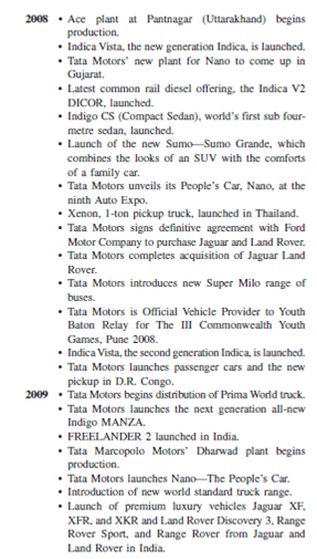 Tata Nano: The People's Car  Nano, India's first People's car, may soon earn a place in history alongside Ford's Model T, Volkswagen's Beetle, and the British Motor Corp.'s Mini, all of which made automotive travel within reach of millions of customers who had previously been locked out of the car market.In January 2008 during India's main auto show in New Delhi, Tata Motors introduced to the Indian public its ultra-cheap car Nano that was expected to retail for as little as the equivalent of $2,500, or about the price of the optional DVD player on the Lexus LX 470 sport utility vehicle.This event had driven unprecedented public attention, since Tata's new vehicle was projected to revolutionize the auto industry. The emergence of Tata Motors on the global auto scene marks the advent of India as a global center for small-car production and represents a victory for those who advocate making cheap goods for potential customers at the bottom of the pyramid in emerging markets.Most of all, the car could give millions of people now relegated to lesser means of transportation the chance to drive cars.In India, there were fewer than 10 cars for every thousand people in 2007, compared with 40 per thousand in China, and 450 in the U.S.Far more middle-class Indians bought and transported their entire families on scooters. According to some analysts, Tata Motor's Chairman Ratan Tata hopes to use the Nano to become the Henry Ford of emerging India, in part, by offering a car at a fraction of the price of rival products.The company is gambling that its tiny price tag will make it appealing to Indians who now drive motorcycles and scooters. While India's population is more than 1 billion people, only around 1 million passenger cars were sold in the country in 2007, one-tenth as many as in China.By contrast, more than 7 million motorcycles and scooters were sold.Mr.Tata said the tiny car is aimed at keeping the families of India's growing middle class from having to travel with as many as four people on a scooter. Speaking at the unveiling ceremony at the 9th Auto Expo in New Delhi, Ratan Tata said, I observed families riding on two-wheelers-the father driving the scooter, his young kid standing in front of him, his wife seated behind him holding a little baby.It led me to wonder whether one could conceive of a safe, affordable, all-weather form of transport for such a family.Tata Motors' engineers and designers gave their all for about four years to realize this goal.Today, we indeed have a People's Car, which is affordable and yet built to meet safety requirements and emission norms, to be fuel efficient and low on emissions.We are happy to present the People's Car to India and we hope it brings the joy, pride and utility of owning a car to many families who need personal mobility. Middle-class household incomes in India start at roughly $6,000 a year, so a $3,000 car is the kind of innovation that could create millions of new drivers.Eight million Indians currently own cars, according to the Mumbai-based credit-rating agency Crisil.Another 18 million have the means to buy one.However, the Nano could increase that pool of potential auto owners by as much as 65 percent, to 30 million.This goes beyond economics and class, says Ravi Kant, managing director of Tata Motors.This crosses the urban-rural divide.Now a car is within the reach of people who never imagined they would own a car.It's a triumph for our company.And for India. Designed with a Family in Mind  Though Nano's design triggered different comments from the public-some people called it handsome; others called it egg shaped-overall Tata Motors was very proud of the design, which was developed with a family in mind.From Tata's perspective the new Nano addresses several key characteristics that Indian families would prize in a car: low price, adequate comfort, fuel-efficiency, and safety. According to Tata, Nano has a roomy passenger compartment with generous leg space and head room, and it can comfortably seat four persons.Four doors with high seating position make ingress and egress easy.With a snub nose and a sloping roof, the world's cheapest car can hold five people-if they squeeze.Nano's dimensions are as follows: length of 3.1 meters, width of 1.5 meters, and height of 1.6 meters.Tata suggests these compact dimensions should allow the car to effortlessly maneuver on busy roads in cities as well as in rural areas.Its mono-volume design, with wheels at the corners and the power train at the rear, enables it to combine both space and maneuverability.At 10 feet long, the Nano is about 2 feet shorter than a Mini Cooper. The car is available in both standard and deluxe versions.According to the company, both versions offer a wide range of body colors and other accessories so that the car can be customized to an individual's preferences.But reviewers called the basic version spare: There's no radio, no air bags, no passenger-side mirror, and only one windshield wiper.If you want air conditioning to cope with India's brutal summers, you need to get the deluxe version. According to the company, Nano has a fuel-efficient engine powered by the lean design strategy that has helped minimize weight, maximize performance per unit of energy consumed, and deliver higher fuel efficiency.The final design stands at 1,322 pounds, 528 pounds lighter than the flyweight Honda Insight.To power it, the engineers settled on a 33-horsepower, 623-cc, two-cylinder engine housed in the rear; to service it, the mechanic must remove a set of bolts in the 5.4-cubic-foot trunk.The payoff: an uncommonly efficient 47 miles per gallon running at top speed (65 mph).But that doesn't mean Nano owners won't spend a lot of time pumping gas-the minuscule tank holds just 3.9 gallons. According to the company, the People's Car's safety performance exceeds current Indian regulatory requirements.With an all-sheet-metal body, it has a strong passenger compartment, with safety features such as crumple zones, intrusion-resistant doors, seat belts, strong seats and anchorages, and the rear tailgate glass bonded to the body.Tubeless tires further enhance safety.Tata also placed emphasis on environmental friendliness.According to a corporate press release the People's Car's tailpipe emission performance exceeds regulatory requirements.In terms of overall pollutants, it has a lower pollution level than two-wheelers being manufactured in India today. About Tata Motors  Tata Motors is a part of the Tata Group.The Tata Group is considered the General Electric of India, a sprawling conglomerate with a commanding presence in media, telecom, outsourcing, retailing, and real estate.Started in 1868 as a textile wholesaler, the company branched out into luxury hotels after, as legend has it, founder Jamsetji Tata was turned away from a posh establishment because of his skin color.In 1945, a few years before the British left India, Tata created Tata Motors and started producing locomotives and, eventually, autos.In 1998, Tata Motors introduced the country's first indigenously designed car.The homegrown Indica, which now sells for around $6,000, became ubiquitous as a taxi. Meanwhile, the Tata Group has been expanding globally.It bought the tea company Tetley in 2000 and acquired Anglo-Dutch steel giant Corus in 2007.It maintains Tata Consultancy Services offices in 54 countries and owns hotels in Boston, New York, and San Francisco.In March 2008, Tata Motors bought Jaguar and Land Rover from the financially strangled Ford Motors. Tata Motors listed on the New York Stock Exchange in 2004.After thousands of changes, in the quarter ending December 2006 Tata earned $116 million on revenue of $1.55 billion.Annual revenue grew to $5.2 billion for the fiscal year ending in March 2006.Now Tata Motors Limited is India's largest automobile company, with consolidated revenues of Rs.70,938.85 crores (US$14 billion) in 2008-2009.It is the leader in commercial vehicles in each segment, and among the top three in passenger vehicles with winning products in the compact, midsize car, and utility vehicle segments.The company is the world's fourth largest truck manufacturer, and the world's second largest bus manufacturer.The company's 24,000 employees are guided by the vision to be best in the manner in which we operate, best in the products we deliver, and best in our value system and ethics. Established in 1945, Tata Motors' presence cuts across the length and breadth of India.Over 4 million Tata vehicles ply on Indian roads, since they first rolled out in 1954.The company's manufacturing base in India is spread across Jamshedpur (Jharkhand), Pune (Maharashtra), Lucknow (Uttar Pradesh), Pantnagar (Uttarakhand), and Dharwad (Karnataka).Following a strategic alliance with Fiat in 2005, it has set up an industrial joint venture with Fiat Group Automobiles at Ranjangaon (Maharashtra) to produce both Fiat and Tata cars and Fiat powertrains.The company is establishing a new plant at Sanand (Gujarat).The company's dealership, sales, services, and spare parts network comprises over 3,500 touch points; Tata Motors also distributes and markets Fiat branded cars in India. Tata Motors has also emerged as an international automobile company.Through subsidiaries and associate companies, Tata Motors has operations in the U.K., South Korea, Thailand, and Spain.Among them is Jaguar Land Rover, a business comprising the two iconic British brands that was acquired in 2008.In 2004, it acquired the Daewoo Commercial Vehicles Company, South Korea's second largest truck maker.The rechristened Tata Daewoo Commercial Vehicles Company has launched several new products in the Korean market, while also exporting these products to several international markets.Today two-thirds of heavy commercial vehicle exports out of South Korea are from Tata Daewoo. In 2005, Tata Motors acquired a 21 percent stake in Hispano Carrocera, a well regarded Spanish bus and coach manufacturer, and subsequently the remaining stake in 2009.Hispano's presence is being expanded in other markets.In 2006, Tata Motors formed a joint venture with the Brazil-based Marcopolo, a global leader in body building for buses and coaches, to manufacture fully built buses and coaches for India and select international markets.In 2006, Tata Motors entered into joint venture with Thonburi Automotive Assembly Plant Company of Thailand to manufacture and market the company's pickup vehicles in Thailand.The new plant of Tata Motors (Thailand) has begun production of the Xenon pickup truck, with the Xenon having been launched in Thailand in 2008. Tata Motors is also expanding its international footprint, established through exports since 1961.The company's commercial and passenger vehicles are already being marketed in several countries in Europe, Africa, the Middle East, South East Asia, South Asia, and South America.It has franchisee/joint venture assembly operations in Kenya, Bangladesh, Ukraine, Russia, Senegal, and South Africa.Through its subsidiaries, the company is engaged in engineering and automotive solutions, construction equipment manufacturing, automotive vehicle components manufacturing and supply chain activities, machine tools and factory automation solutions, high-precision tooling and plastic and electronic components for automotive and computer applications, and automotive retailing and service operations. The foundation of the company's growth over the last 50 years is a deep understanding of economic stimuli and customer needs, and the ability to translate them into customer-desired offerings through leading-edge R D.With over 3,000 engineers and scientists, the company's Engineering Research Centre, established in 1966, has enabled pioneering technologies and products.The company today has R D centers in Pune, Jamshedpur, Lucknow, Dharwad in India, and in South Korea, Spain, and the U.K.It was Tata Motors which developed the first indigenously developed Light Commercial Vehicle, India's first Sports Utility Vehicle, and, in 1998, the Tata Indica, India's first fully indigenous passenger car.Within two years of launch, Tata Indica became India's largest selling car in its segment.In 2005, Tata Motors created a new segment by launching the Tata Ace, India's first indigenously developed mini-truck.In January 2008, Tata Motors unveiled its People's Car, the Tata Nano, which was launched in India in March 2009. Tata Motors is equally focused on environment-friendly technologies in emissions and alternative fuels.It has developed electric and hybrid vehicles both for personal and public transportation.It has also been implementing several environment-friendly technologies in manufacturing processes, significantly enhancing resource conservation. Tata Motors is committed to improving the quality of life of communities by working on four thrust areas: employability, education, health, and environment.The firm's activities touch the lives of more than a million citizens.Its support for education and employability is focused on youth and women, ranging from schools to technical education institutes, to actual facilitation of income generation.In health, Tata's intervention is in both preventive and curative health care.The goal of environment protection is achieved through tree plantations, conserving water and creating new water bodies, and, last but not least, introducing appropriate technologies in Tata vehicles and operations for constantly enhancing environment care. Tata Motors Milestones  It has been a long and accelerating journey for Tata Motors until it became India's leading automobile manufacturer.Here are some significant milestones in the company's journey toward excellence and leadership:             Secrets behind the Low Price  How could Tata Motors make a car so inexpensively? It started by looking at everything from scratch, applying what some analysts have described as Gandhian engineering principles-deep frugality with a willingness to challenge conventional wisdom.A lot of features that Western consumers take for granted-air conditioning, power brakes, radios, etc.-are missing from the entry-level model. In order to succeed with building a low-cost affordable car, Tata Motors began by studying and trying to understand the customer.What do the customers need? What do they really want? What can they afford? The customer was ever-present in the development of the Nano.Tata didn't set the price of the Nano by calculating the cost of production and then adding a margin.Rather it set $2,500 as the price that it thought customers could pay and then worked backward, with the help of partners willing to take on a challenge, to build a $2,500 car that would reward all involved with a small profit. More fundamentally, the engineers worked to do more with less.Tata has been able to slash the price by asking his engineers and suppliers to redesign the many components to cut costs.The speedometer, for example, is in the center of the dashboard over the air vents, not behind the steering wheel, so the dashboard can be build with fewer parts.To save $10, Tata engineers redesigned the suspension to eliminate actuators in the headlights, the levelers that adjust the angle of the beam depending on how the car is loaded, according to Mr.Chaturvedi of Lumax.In lieu of the solid steel beam that typically connects steering wheels to axles, one supplier, Sona Koyo Steering Systems, used a hollow tube, said Kiran Deshmukh, the chief operating officer of the company, which is based in Delhi. Also, Nano is smaller in overall dimensions than the Suzuki Maruti, a similar but higher priced low-cost competitor assembled in India, but it offers about 20 percent more seating capacity as a result of design choices such as putting the wheels at the extreme edges of the car.The Nano is also much lighter than comparable models as a result of a reduction in the amount of steel in the car (including the use of an aluminum engine) and the use of lightweight steel where possible. However, Nano engineers and partners didn't simply strip features out of an existing car to create a new low-cost model, which most other manufacturers have done when making affordable cars.Instead, they looked at their target customers' lives for cost-cutting ideas.So, for instance, the Nano has a smaller engine than other cars because more horsepower would be wasted in India's jam-packed cities, where the average speed is 10 to 20 miles per hour.The car currently meets all Indian emission, pollution, and safety standards, although it only attains a maximum speed of about 65 mph.The fuel efficiency is also attractive to economy-driven consumers-nearly 50 miles to the gallon. Nano ultimately became a triumph of creativity and innovation.For example, Tata Motors has filed for 34 patents associated with the design of the Nano, although some suggest that measuring progress solely by patent creation misses a key dimension of innovation.Some of the most valuable innovations take existing, patented components and remix them in ways that more effectively serve the needs of large numbers of customers.The most innovative aspect of the Nano is its modular design.The Nano is constructed of components that can be built and shipped separately to be assembled in a variety of locations.In effect, the Nano is being sold in kits that are distributed, assembled, and serviced by local entrepreneurs. As Ratan Tata, chairman of the Tata group of companies, observed in an interview with The Times of London: A bunch of entrepreneurs could establish an assembly operation and Tata Motors would train their people, would oversee their quality assurance and they would become satellite assembly operations for us.So we would create entrepreneurs across the country that would produce the car.We would produce the mass items and ship it to them as kits.That is my idea of dispersing wealth.The service person would be like an insurance agent who would be trained, have a cell phone and scooter and would be assigned to a set of customers. This is part of a broader pattern of innovation emerging in India in a variety of markets, ranging from diesel engines and agricultural products to financial services.In fact, Tata envisions going even further, providing the tools for local mechanics to assemble the car in existing auto shops or even in new garages created to cater to remote rural customers. Struggling with a Production Site  In spite of Tata's great commitment to meet the transportation needs of the poor Indian population and its pledge that the price of the car would not exceed $2,500 equivalent, the company experienced a major challenge due to unexpected problems at Tata's proposed manufacturing plant in Singur, in the eastern state of West Bengal, India, that could have stopped the whole Nano project right at the start. In May 2006 Tata Motors announced that it would be manufacturing Nano in Singur, West Bengal, India.Tata made plans to acquire the land and build the plant for the sole purpose of producing the Nano.The entire project, including the purchase of more than 600 acres of land, reportedly cost Tata Motors upwards of $350 million. The problems began immediately following Tata's purchase of the property from the West Bengal government.Prior to the purchase, the government didn't actually own the land, but acquired it from local farmers by imposing the force of eminent domain.The Communist government of West Bengal was interested in bringing Tata Motors to its state since it saw the Nano project as key to rejuvenating industries in West Bengal, a poor region that was traditionally focused on farming.Trouble began after the government took over 1,000 acres (400 hectares) of farmland for the factory.The government offered compensation, but some farmers with smaller land holdings refused that compensation, demanding that land be given back to them.The disputed land measured about 400 acres. The protests hinged upon allegations that Tata forced farmers from their land and handed out payments that were a fraction of the land's value.Mamata Banerjee, the fiery chief of the Trinamool Congress, the West Bengali political party staging the protest, demanded that Tata Motors return 400 acres of land surrounding the Nano factory to these farmers.Tata Motors stated that this land was necessary for 60 parts suppliers to the Nano.The company argued that keeping parts suppliers close to the plant was vital to maintaining the Nano's extremely low cost. At the peak of the protests in September 2008, over 30,000 activists and farmers besieged Singur, in West Bengal state, to rally against the plant, reiterating their claim that the land was forcibly taken from farmers and that compensation was inadequate.The highway leading to Singur was blockaded and Tata Motors was forced to evacuate employees from the plant site.In response, the company threatened to walk out of West Bengal if the agitation was not quickly quelled. According a statement released by Tata Motors in September 2008, work on the factory was close to completion.Up to 4,000 workers, including several hundred young residents from around the [Singur] region were said to have been employed by the factory during its construction.But continuing the work with the ongoing protests proved too risky.Employees failed to show up for work after threats from protestors.The protests also snarled traffic in the region.Trucks loaded with food were left on highways, their contents rotting in the sun. Ratan Tata, chairman of the Tata Group and Tata Motors, expressed concern that the factory in Singur was at serious risk.Commenting on the situation, a Tata Motors spokesperson said, The situation around the Nano plant continues to be hostile and intimidating.There is no way this plant could operate efficiently unless the environment became congenial and supportive of the project.We came to West Bengal hoping we could add value, prosperity and create job opportunities in the communities in the state. The dispute reflected a larger standoff between industry in India and farmers unwilling to part with land in a country where two-thirds of the billion-plus population depends on agriculture.Unable to get satisfactory resolution of the dispute, on September 2, 2008, Tata Motors announced that violent protests had forced it to suspend all work at the plant.Tata Motors also said it was putting together a detailed plan for the relocation of the plant and machinery, and was evaluating options for manufacturing the Nano at other company facilities. By October, the Singur protests had grown in size and intensity.Highways surrounding the factory were at a standstill, and workers were being threatened.Tata finally abandoned the Singur factory, in which it had invested $350 million.However, by that time the company had received an invitation from another state to relocate its Nano project.On October 7, 2008, the Gujarat government and Tata Motors signed a MoU (memorandum of under-standing) in Ahmedabad, bringing the ambitious Nano project to that state.Gujarat Chief Minister Narendra Modi announced allocation of 11,000 acres of land at Sanand near Ahmedabad to Tata Motors.The state government promised Tata various tax rebates and ready land along with connectivity to the national highway.In addition, the company was assured that no bandh ( bandh, originally a Hindi word meaning closed, is a form of protest used by political activists in some countries in South Asia like India and Nepal) or labor unrest would delay the project. Despite the Gujarat government's assurances regarding the safe and friendly business environment in its state, the relocation of the plant to a new state was not painless.In December 2008, several farmers filed a case against the local Indian government and Tata Motors, demanding better compensation for land sold to support the Gujarat factory, India.Tata was pressured to find a quick solution.Ultimately, it decided that Nano production would begin at Tata's existing factory in Pantnagar in the northern state of Uttarakhand after receiving an additional allotment of land from the Uttarakhand government to expand the Pantnagar factory for Nano production.It became apparent that sales of the Nano in India, originally scheduled for October of 2008, would not begin until next spring of 2009. Nano's 2009 Launch  Even though Tata was expected to solve the transportation problem for thousands of Indians, and Nano's launch was a highly awaited public event, sales of the Nano were delayed by at least six months after the land disputes.However, when Tata eventually announced Nano's 2009 production plans, it quickly started generating the orders at volumes that far exceeded expectations.As of May 2009, according to Bloomberg analysts, Tata Motors had received 203,000 orders for its Nano, more than double the initial sales plan.The company accepted the bookings between April 9 and April 25, amounting to almost 25 billion rupees ($501 million), according to Tata Motors release.Deliveries were planned to start in July of 2009 and were expected to be completed in the last quarter of 2010, according to the company. Surging demand from first-time buyers and motorcyclists in India contrasted with plunging automobile sales in the U.S.and Europe where job losses and economic recession were keeping consumers away from showrooms.The Nano has the potential to become a game-changer for Tata in the long run, said Gaurav Lohia, an analyst at K.R.Choksey Shares Securities Pvt.in Mumbai.Once you generate the volumes, you are the king. According to the Society of Indian Automobile Manufacturers, the [Nano] bookings represented about 17 percent of the 1.22 million passenger cars sold in India, Asia's fourth-largest automobile market, in the fiscal year ended March.Maruti Suzuki India Ltd., maker of half the cars sold in the country, sold 636,707 units while Hyundai Motor Co.sold 244,030 and Tata Motors sold 160,446. Due to its manufacturing capacity constraints, Tata Motors would not be able to fill all the orders as quickly as expected.The first Nanos were to roll out of the Pantnagar plant which could produce only 60,000 units a year.Annual output was projected to increase by a further 350,000 units when the facility at Sanand in western India was completed at the end of 2009.Therefore, Tata Motors announced that it would choose the first 100,000 customers for the $2,500 Nano by a lottery, leaving the company with at least a year of production as backlog. Global Race for Low-Cost Cars  The Nano is part of a global race to lower the prices of entry-level cars for millions of new developing world consumers.As growth slows in developed markets in the West, auto makers are looking to tap the rapid growth in countries like India, China, and Brazil, where the lowest priced cars are often the best sellers.Maruti Suzuki India Ltd., which is controlled by Japan's Suzuki Motor Corp., has dominated the Indian market for decades; its least expensive model today sells for around $5,000. Now that Tata Motors has shown the way, competitors are scrambling to offer their own budget vehicles.For example, Ford Motor Co.announced plans to build a new small car in India that will have a sticker price as low as $7,500.Nissan Motor Co.has plans for a $7,000 and then a $5,000 car in the next few years.German auto maker Volkswagen AG said it would also start to make small cars at a new plant in 2010.Hyundai has announced a $3,700 car.Renault-Nissan has teamed with Indian motorcycle maker Bajaj to put 400,000 of its own ultra-low-cost cars on the road by 2011.General Motors is rumored to be working on a Nano-killer with China's Wuling Automotive.By 2020, millions of ultra-low-cost vehicles will crowd narrow alleyways throughout the world.Thus, what happened in Bangalore would presage changes to come in Lagos, Rio de Janeiro, and Budapest. The global market for the Nano and similarly low-priced cars could be immense-the World Bank counts more than 800 million people who earn between $3,600 and $11,000 annually.In India, the new vehicle could change the taxi business overnight and energize a cadre of small-time entrepreneurs by providing new levels of mobility, carrying capacity, and social status. In spite of glamorous projections of high demand for low-cost cars, some analysts pose serious concerns of the overall profitability of budget car manufacturing.With the rising competition in the low-cost vehicle market, increasing cost pressure and small profit margins, will the new budget car models be able to recoup the R D investment and generate any profits? For example, on the eve of the Nano launch, Mr.Tata said in an interview that developing the new model cost between $380 million and $435 million.He said without a better idea of future input costs and demand, he could not predict how soon the project would turn a profit or what the profit margin on the cars would be.Should steel prices continue to rise, prices may have to be adjusted. As long as the Nano runs as well as it looks and avoids major quality issues, Tata Motors should have no trouble selling it to hundreds of thousands of Indian families a year, analysts say.Still, at such a low price it could take a long time for Tata to recoup its investment in developing the world's cheapest car.With profit margins as low as 5 percent, it could take more than five years for the project to be in the black, estimated Vaishali Jajoo, senior research analyst at Angel Broking in Mumbai.It depends on how the margins will be, and at this price they are going to be very low, she said. However, although the competition in the low-cost vehicle market will remain fierce, Tata Motors now has a significant benefit relative to its competitors, which is called in business language the first mover advantage. Anil K.Gupta and Haiyan Wang, two experts on India and China, said in a BusinessWeek article that Tata's Nano should be viewed as not just a product for an identified market need today but also as a platform for tomorrow.The key to leveraging any product or service as a platform for future growth is to treat it as a bundle of capabilities instead of becoming overly constrained by its current features, branding, distribution channels, or targeted customers.Underlying capabilities-either singly or in combination-can be leveraged across different markets far more easily than is the case with end products or services (look at corporate intranet searches powered by Google).They can also be upgraded and/or combined with new capabilities to create entirely new products and services (this is how the iPod led to the iPhone/iPod Touch). According to Gupta and Wang, many companies overlook this aspect of global production and marketing.Tata Motors, on the other hand, shows a grasp of this concept in establishing the Nano as a platform for further growth.While competitors are struggling to develop low-cost models for the Indian market, Tata has now broadened its plans and will bring its low budget car to other markets, including Europe and North America.As a start, it will begin selling its car in Nigeria in 2010.Tata is talking about launching upgraded models of the car at about $8,000 in Europe by 2011 and in North America by 2012.(The Nano has already passed European crash-test safety standards.) The company is reportedly also working on hybrid and all-electric versions of the Nano. The entrance of Tata's Nano into European and U.S.markets may be potentially devastating to financially strangled automakers such as Ford and GM.As Gupta and Wang have pointed out, viewed from the lens of underlying capabilities, the Nano is not just a particular type of car designed for the peculiarities of the Indian market.It is also a bundle of proprietary technologies, supplier relationships, and a mindset that prizes frugal engineering.These capabilities, when applied to the needs of the rich European and North American markets, could easily result in an upgraded car that may sell for, say, $8,000 and give a competitor whose product sells for $12,000 a run for its money.As global auto companies look at the Nano, the question they should ask is not whether customers in the rich economies would care for such an inexpensive-but-simple car, but whether Tata Motors could show up in their