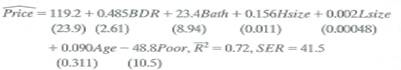 Question 6.5 reported the following regression (where standard errors have been added): a. Is the coefficient on BDR statistically significantly different from zero b. Typically five-bedroom houses sell for much more than two-bedroom houses. Is this consistent with your answer to (a) and with the regression more generally c. A homeowner purchases 2000 square feet from an adjacent lot. Construct a 99% confident interval for the change in the value of her house. d. Lot size is measured in square feet. Do you think that another scale might be more appropriate Why or why not e. The F -statistic for omitting BDR and Age from the regression is F = 0.08. Are the coefficients on BDR and Age statistically different from zero at the 10% level
