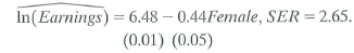 This problem is inspired by a study of the gender gap in earnings in top corporate jobs [Bertrand and Hallock (2001)]. The study compares total compensation among top executives in a large set of U.S. public corporations in the 1990s. (Each year these publicly traded corporations must report total compensation levels for their top five executives.) a. Let Female be an indicator variable that is equal to 1 for females and 0 for males. A regression of the logarithm of earnings onto Female yields     i. The estimated coefficient on Female is -0.44. Explain what this value means. ii. The SER is 2.65. Explain what this value means.  iii. Does this regression suggest that female top executives earn less than top male executives Explain.  iv. Does this regression suggest that there is gender discrimination Explain. b. Two new variables, the market value of the firm (a measure of firm size, in millions of dollars) and stock return (a measure of firm performance, in percentage points), are added to the regression:     i. The coefficient on In (MarketValue) is 0.37. Explain what this value means.  ii. The coefficient on Female is now -0.28. Explain why it has changed from the regression in (a). c. Are large firms more likely to have female top executives than small firms Explain.