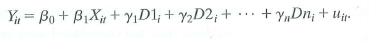 Consider the binary variable version of the fixed effects model in Equation (10.11), except with an additional regressor, Dl i ; that is, let a. Suppose that n = 3. Show that the binary regressors and the constant regressor are perfectly multicollinear; that is, express one of the variables D 1 i D2 i D 3 i and X 0,it as a perfect linear function of the others, where X 0,it , = 1 for all i, t. b. Show the result in (a) for general n. c. What will happen if you try to estimate the coefficients of the regression by OLS