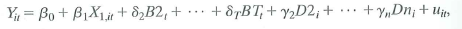 Consider the model with a single regressor .This model also can be written as where B2 t = 1 if t = 2 and 0 otherwise, D2 t = 1 if i = 2 and 0 otherwise, and so forth. How are the coefficients related to the coefficients