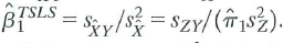 Consider TSLS estimation with a single included endogenous variable and a single instrument. Then the predicted value from the first-stage regression is Use the definition of the sample variance and covariance to show that Use this result to fill in the steps of the derivation in Appendix of Equation (12.4). Appendix Derivation of the Formula for the TSLS Estimator in Equation (12.4) The first stage of TSLS is to regress X i on the instrument Z i by OLS and then compute the OLS predicted value , and the second stage is to regress Y i on by OLS. Accordingly, the formula for the TSLS estimator, expressed in terms of the predicted value is the formula for the OLS estimator in Key Concept 4.2, with replacing X i. That is, , where , is the sample variance of and is the sample covariance between Y i and Because X i is the predicted value of X i from the first-stage regression, , the definitions of sample variances and covariances imply that (Exercise 12.4). Thus, the TSLS estimator can be written as . Finally, is the OLS slope coefficient from the first stage of TSLS, so Substitution of this formula for into the formula yields the formula for the TSLS estimator in Equation (12.4).