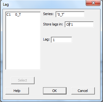Consider the table: a. In order to compute the value of monthly growth rate we use the formula: We get: For mean: 1. Click on Formulas tab on toolbar and go to AutoSum group. Now click on more functions. 2. Now find and click on Average. Click OK. 3. In the dialogue box, enter the numbers whose average is needed. Click on empty box near Number1 to enter the number. In order to enter the value, drag along the data to select cells. 4. Click on OK. The output of which will be: For Standard deviation: 1. Click on Formulas tab on toolbar and go to More Functions and then Statistics group. Now click on Insert functions. 2. Now find and click on STDEV. Click OK. 3. In the dialogue box, enter the numbers whose standard deviation is needed. Click on empty box near Number1 to enter the number. In order to enter the value, drag along the data to select cells. 4. Click on OK. It gives the output: The units of growth rate in IP are percentage per month. b. In order to plot the values of , follow the steps: 1. Copy the columns from excel to Minitab worksheet 3. Go to Graph , and then Scatter plot. Then go to with connect line. Click OK. 4. Now click on variable which will correspond to y and using select , import it there. Similarly, import for x. 5. Click OK. Output is: Is the greater of zero or the percentage point difference between oil prices at date t and their maximum value during the past year. Thus , and if the date t is not greater than the maximum value over the past year c. To compute the distributed lag model, we first need to calculate the lagged values: 1. Go to Stat , and then Time Series. 3. Click on lag. 4. Enter the series to find the lag and enter the name of the variable. Enter the lag value 1. Click OK. 5. Output is: Similarly, we compute the rest 17 lags. Now, run regression: 1. Go to Stat , and then Regression. Then go to Regression again. 2. Now click on variable which will correspond to y and using select , import it there. Similarly, import for x. 8. Cick OK. Output is: The value of the HAC standard truncation parameter m is: Where T is the sample size i.e. 708. Now, Hence, the value of m is 7. d. Now, F- test is applied to test the slope coefficients of regression equation in equation (2), for which the null hypothesis (hypothesis of no difference) is, Where, and the alternative hypothesis, against the null hypothesis, is, Now, using the regression output, it is observed that the P-value corresponding to value of F statistic is 0.000 as shown below, So, P-value (0.00) is less than the level of significance, say 0.05, so the null hypothesis is rejected and it is concluded that the all the slope coefficients are significantly different from zero. However, in the regression output, the P-value corresponding to the intercept term (constant) is 0.00 which is lesser than level of significance, say 0.05, so the constant is significantly different from zero. e. Graph: The cumulative multipliers show a persistent and large decrease in industrial production following an increase in oil prices above their previous 12 month peak price. Specifically a 100% increase in oil prices is leads to an estimated 17% decline in industrial production after 18 months f. No. is not exogenous. Results in part (e) are not reliable.