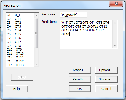 Consider the table: a. In order to compute the value of monthly growth rate we use the formula: We get: For mean: 1. Click on Formulas tab on toolbar and go to AutoSum group. Now click on more functions. 2. Now find and click on Average. Click OK. 3. In the dialogue box, enter the numbers whose average is needed. Click on empty box near Number1 to enter the number. In order to enter the value, drag along the data to select cells. 4. Click on OK. The output of which will be: For Standard deviation: 1. Click on Formulas tab on toolbar and go to More Functions and then Statistics group. Now click on Insert functions. 2. Now find and click on STDEV. Click OK. 3. In the dialogue box, enter the numbers whose standard deviation is needed. Click on empty box near Number1 to enter the number. In order to enter the value, drag along the data to select cells. 4. Click on OK. It gives the output: The units of growth rate in IP are percentage per month. b. In order to plot the values of , follow the steps: 1. Copy the columns from excel to Minitab worksheet 3. Go to Graph , and then Scatter plot. Then go to with connect line. Click OK. 4. Now click on variable which will correspond to y and using select , import it there. Similarly, import for x. 5. Click OK. Output is: Is the greater of zero or the percentage point difference between oil prices at date t and their maximum value during the past year. Thus , and if the date t is not greater than the maximum value over the past year c. To compute the distributed lag model, we first need to calculate the lagged values: 1. Go to Stat , and then Time Series. 3. Click on lag. 4. Enter the series to find the lag and enter the name of the variable. Enter the lag value 1. Click OK. 5. Output is: Similarly, we compute the rest 17 lags. Now, run regression: 1. Go to Stat , and then Regression. Then go to Regression again. 2. Now click on variable which will correspond to y and using select , import it there. Similarly, import for x. 8. Cick OK. Output is: The value of the HAC standard truncation parameter m is: Where T is the sample size i.e. 708. Now, Hence, the value of m is 7. d. Now, F- test is applied to test the slope coefficients of regression equation in equation (2), for which the null hypothesis (hypothesis of no difference) is, Where, and the alternative hypothesis, against the null hypothesis, is, Now, using the regression output, it is observed that the P-value corresponding to value of F statistic is 0.000 as shown below, So, P-value (0.00) is less than the level of significance, say 0.05, so the null hypothesis is rejected and it is concluded that the all the slope coefficients are significantly different from zero. However, in the regression output, the P-value corresponding to the intercept term (constant) is 0.00 which is lesser than level of significance, say 0.05, so the constant is significantly different from zero. e. Graph: The cumulative multipliers show a persistent and large decrease in industrial production following an increase in oil prices above their previous 12 month peak price. Specifically a 100% increase in oil prices is leads to an estimated 17% decline in industrial production after 18 months f. No. is not exogenous. Results in part (e) are not reliable.