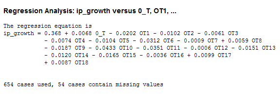 Consider the table: a. In order to compute the value of monthly growth rate we use the formula: We get: For mean: 1. Click on Formulas tab on toolbar and go to AutoSum group. Now click on more functions. 2. Now find and click on Average. Click OK. 3. In the dialogue box, enter the numbers whose average is needed. Click on empty box near Number1 to enter the number. In order to enter the value, drag along the data to select cells. 4. Click on OK. The output of which will be: For Standard deviation: 1. Click on Formulas tab on toolbar and go to More Functions and then Statistics group. Now click on Insert functions. 2. Now find and click on STDEV. Click OK. 3. In the dialogue box, enter the numbers whose standard deviation is needed. Click on empty box near Number1 to enter the number. In order to enter the value, drag along the data to select cells. 4. Click on OK. It gives the output: The units of growth rate in IP are percentage per month. b. In order to plot the values of , follow the steps: 1. Copy the columns from excel to Minitab worksheet 3. Go to Graph , and then Scatter plot. Then go to with connect line. Click OK. 4. Now click on variable which will correspond to y and using select , import it there. Similarly, import for x. 5. Click OK. Output is: Is the greater of zero or the percentage point difference between oil prices at date t and their maximum value during the past year. Thus , and if the date t is not greater than the maximum value over the past year c. To compute the distributed lag model, we first need to calculate the lagged values: 1. Go to Stat , and then Time Series. 3. Click on lag. 4. Enter the series to find the lag and enter the name of the variable. Enter the lag value 1. Click OK. 5. Output is: Similarly, we compute the rest 17 lags. Now, run regression: 1. Go to Stat , and then Regression. Then go to Regression again. 2. Now click on variable which will correspond to y and using select , import it there. Similarly, import for x. 8. Cick OK. Output is: The value of the HAC standard truncation parameter m is: Where T is the sample size i.e. 708. Now, Hence, the value of m is 7. d. Now, F- test is applied to test the slope coefficients of regression equation in equation (2), for which the null hypothesis (hypothesis of no difference) is, Where, and the alternative hypothesis, against the null hypothesis, is, Now, using the regression output, it is observed that the P-value corresponding to value of F statistic is 0.000 as shown below, So, P-value (0.00) is less than the level of significance, say 0.05, so the null hypothesis is rejected and it is concluded that the all the slope coefficients are significantly different from zero. However, in the regression output, the P-value corresponding to the intercept term (constant) is 0.00 which is lesser than level of significance, say 0.05, so the constant is significantly different from zero. e. Graph: The cumulative multipliers show a persistent and large decrease in industrial production following an increase in oil prices above their previous 12 month peak price. Specifically a 100% increase in oil prices is leads to an estimated 17% decline in industrial production after 18 months f. No. is not exogenous. Results in part (e) are not reliable.